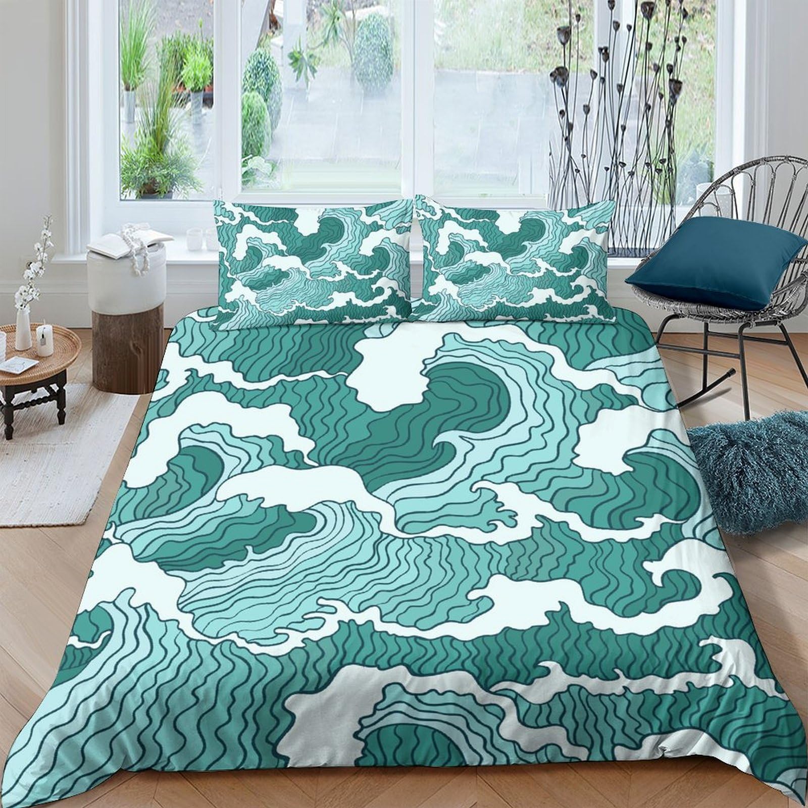 Ctjqhvkz Style-1 3D Printed Ocean Wave Pattern Fitted Sheet Microfiber Teal Mattress Cover For Bedroom Guest Room Dorm Decorative Design Single（135X200cm）