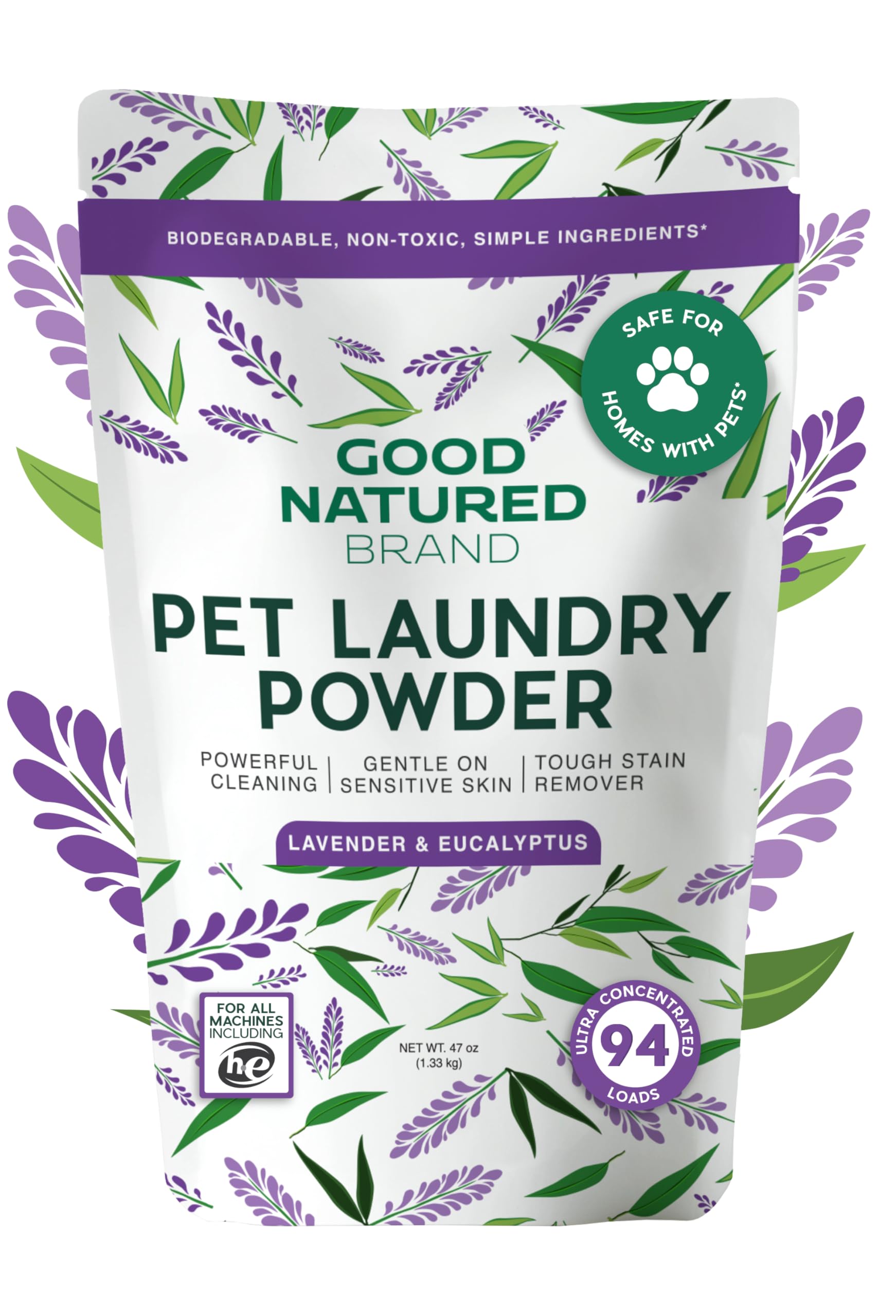 Good Natured Brand | Pet Stain & Odor Remover for Laundry | Pet Laundry Detergent for Dogs Beds, Cat Pee, Smell, Dog Drool | Hypoallergenic & Non-Toxic | Lavender | 47oz 94 Loads