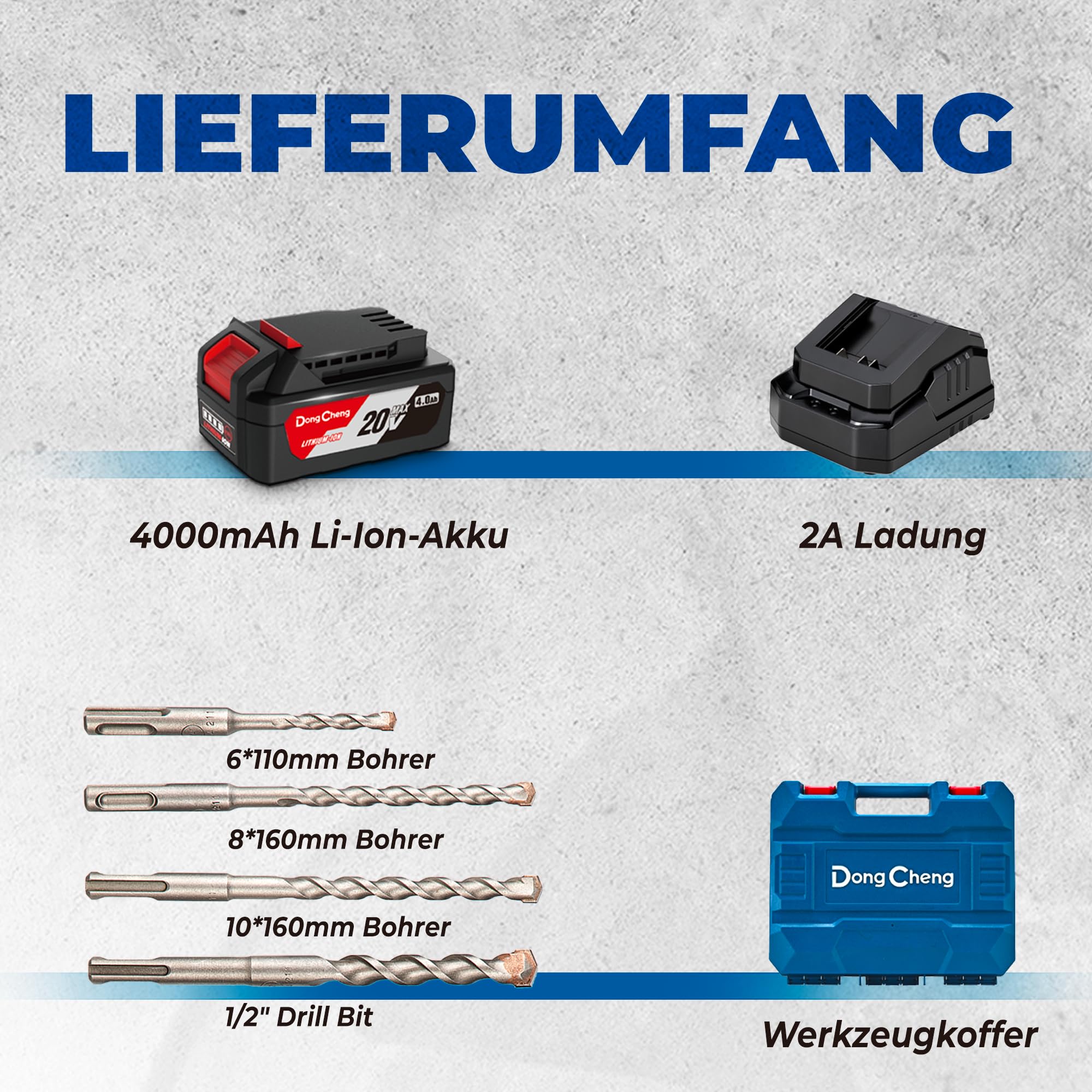 DongCheng Akku Bohrhammer 20V, Schlagenergie 2.1 J, mit 4 Stück SDS-plus, Bohren bis 28 mm, Bürstenloser Bohrhammer Motor, Anti-Vibrationsgriff, inkl. 4Ah Akku und 2A Ladegerät im Handwerkerkoffer