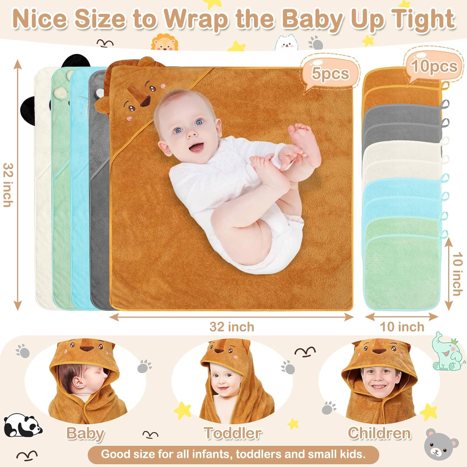 15 Pcs Baby Bath Towels- 5 x Hooded Baby Towels and 10 x Baby Washcloths Set, 32 x 32 Inch Hooded Toddler Towel Bath Blanket Absorbent Hooded for Toddler Infant Newborn Shower Gift for Boys & Girls