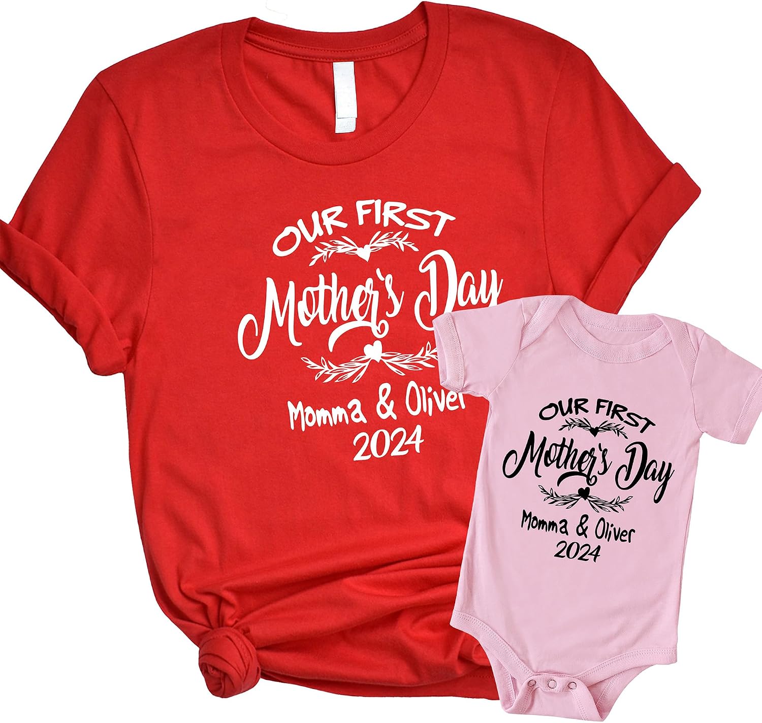 Customizable Our First Mothers Day Shirts, Mommy and Me Matching Tshirt with Custom Name & Date, from Husband, Friend, Mom and Baby Shirt Set