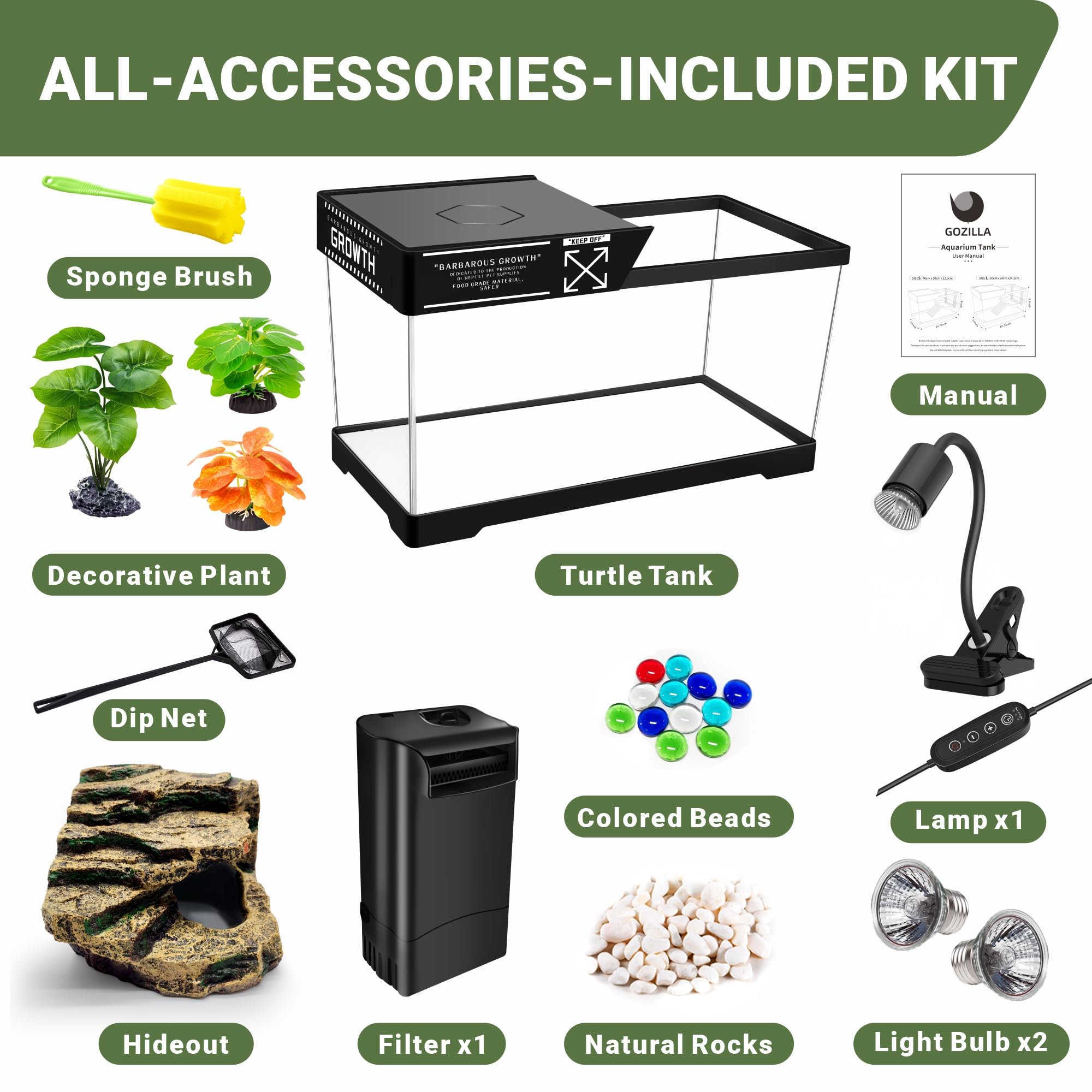 GOZILLA Kit de tanque de tortuga (tanque + lámpara + filtro), kit de inicio de tanque de tortuga de PC con lámpara y filtro ajustables, hábitat de escondite de reptiles con tapa para reptiles pequeños