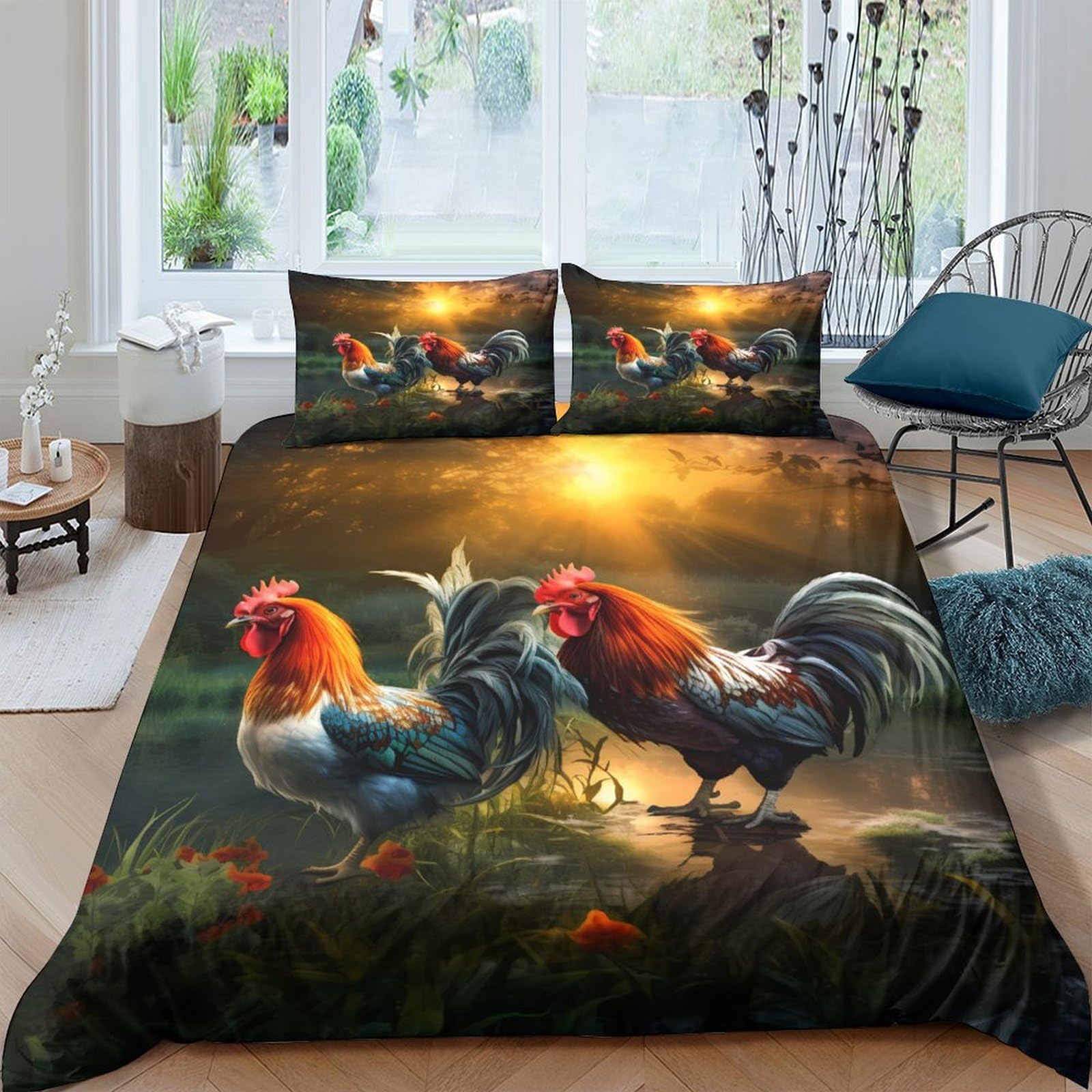 Ctjqhvkz Style-2 3D Printed Rooster Sunrise Fitted Sheet Microfiber Anti-Slip Easy Care Farm Animal Bed Cover For Bedroom Guest Room Decor Single（135X200cm）