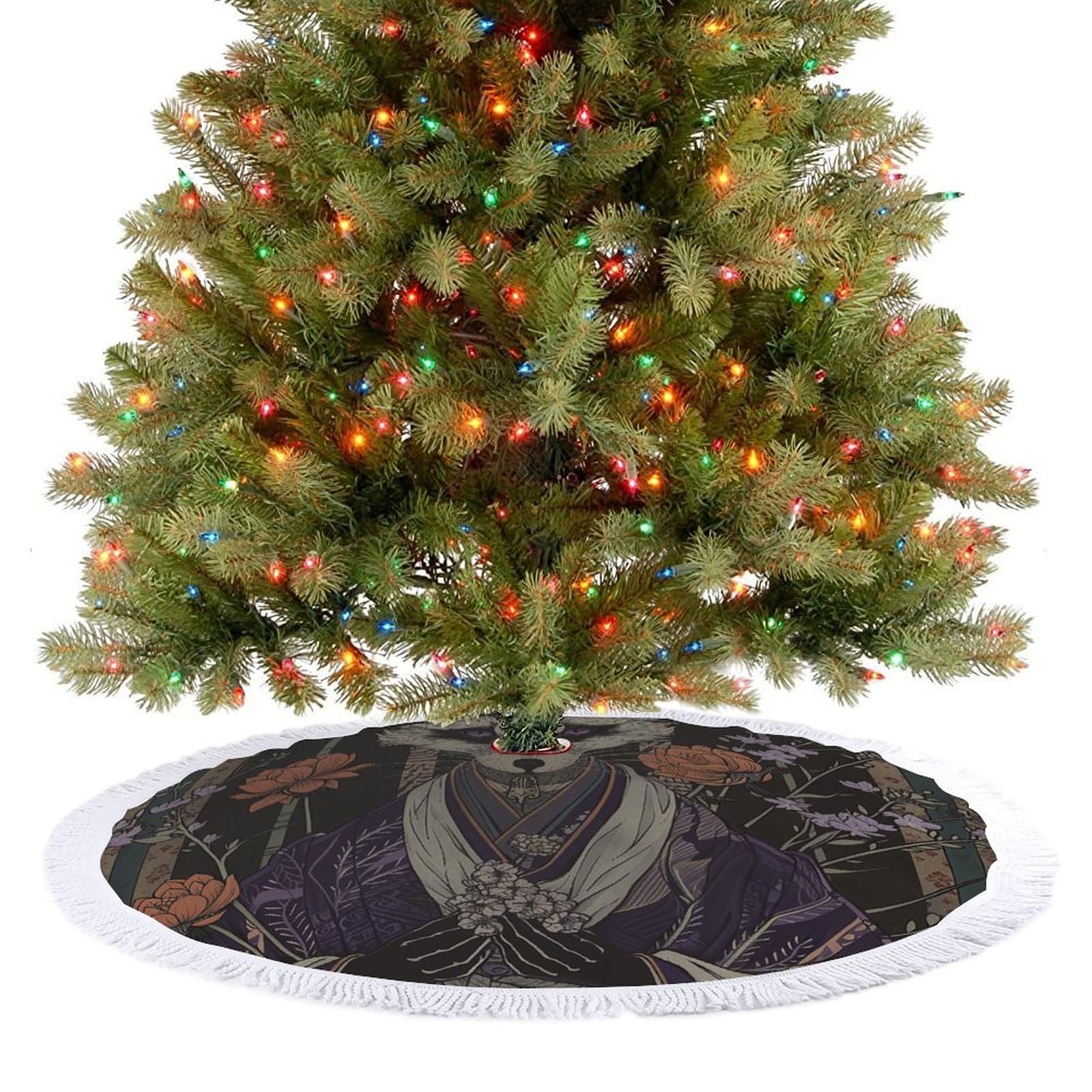 White Striped Fur Christmas Tree Skirt 48"x48" Rustic Xmas Tree Mat with Tassel Ornament Christmas Trees Cover Skirt Mat for Evergreen Trees Ornament Winter Holiday Mats Decorations