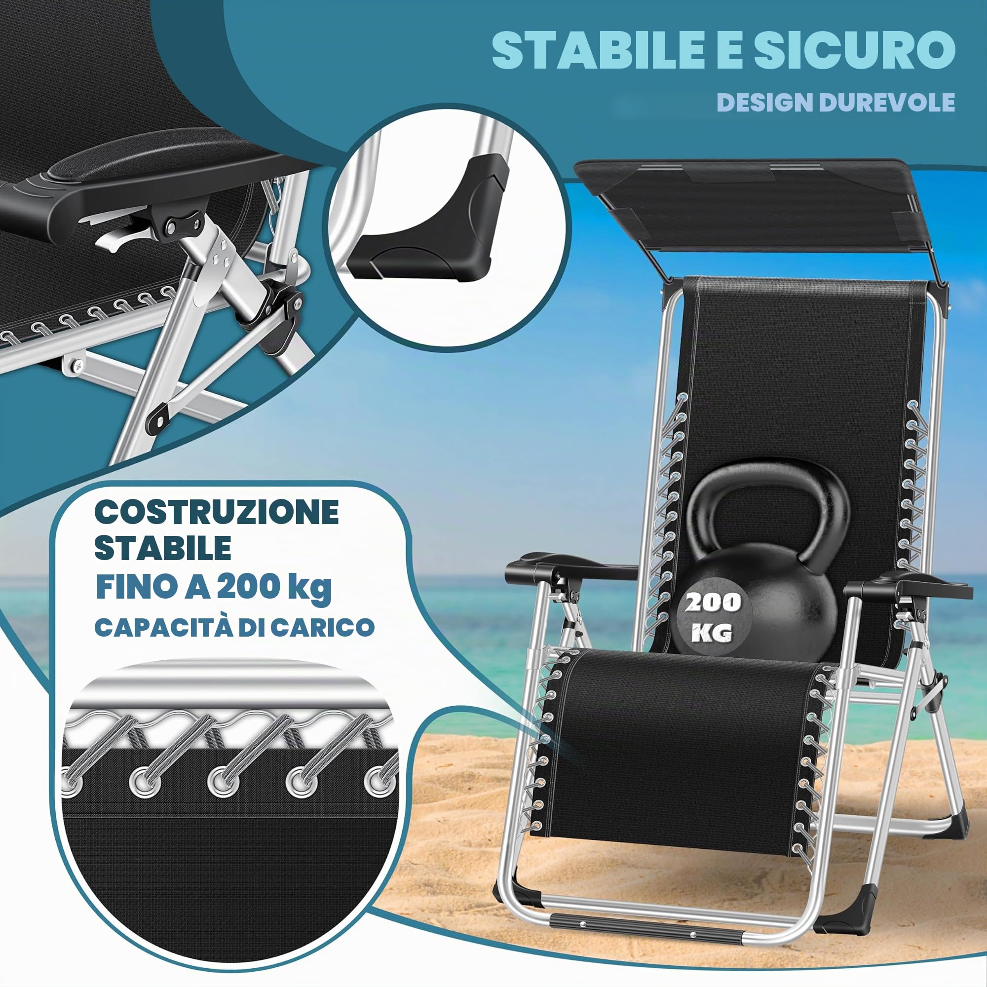 KESSER® Lettino XXL - pieghevole, Resistente alle Intemperie, Portata 200 kg, Rivestimento ergonomico, Schienale regolabile, Portabicchieri e Cuscino per le Braccia, Con Tenda - Nero