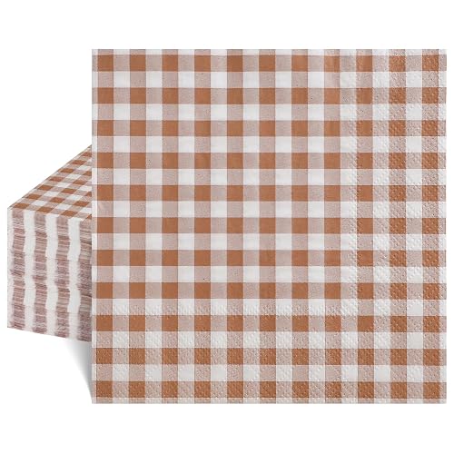 NatNarr 80 Pcs Gingham Napkins Brown Plaid Fall Paper Napkins, 6.5" | Brown White Checkered Autumn Napkins Terracotta Fall Thanksgiving Napkins for Autumn Harvest, Friendsgiving