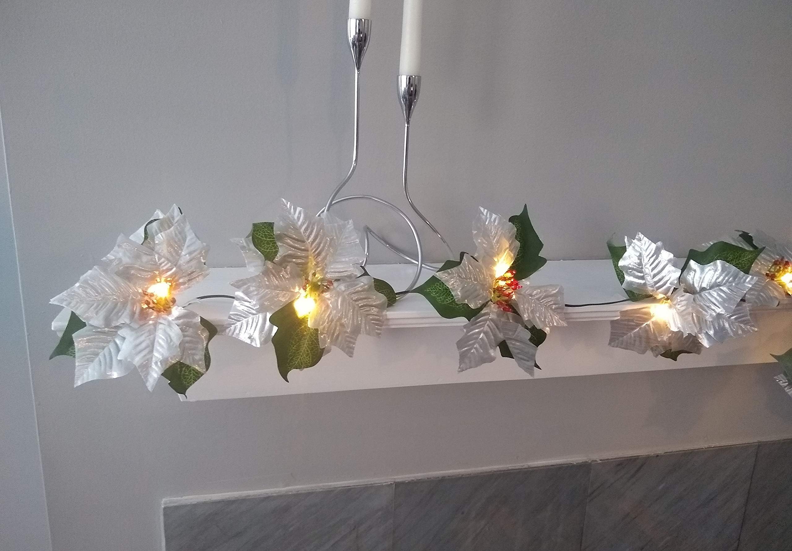 Cordless Lighted Poinsettia Garland - Silver