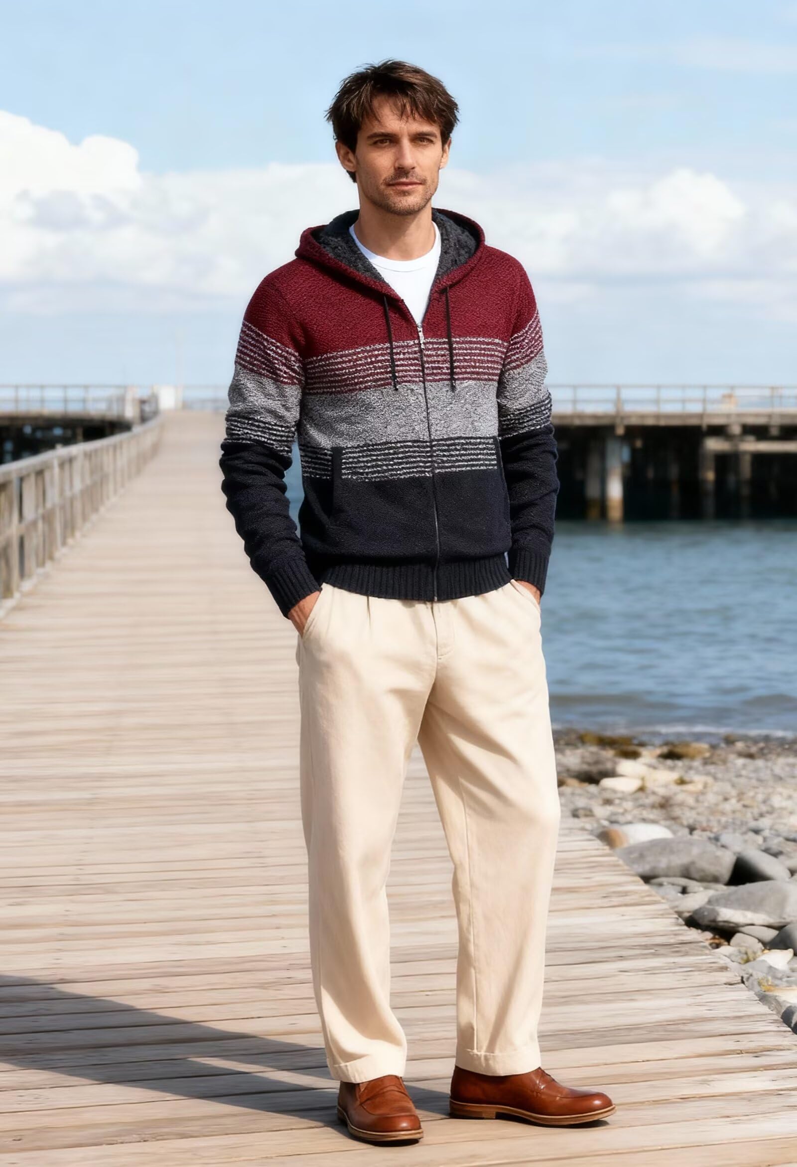 Chaqueta de Punto con Capucha para Hombre Cremallera Gruesa Suave Forro Caliente Invierno Slim Fit Sudadera
