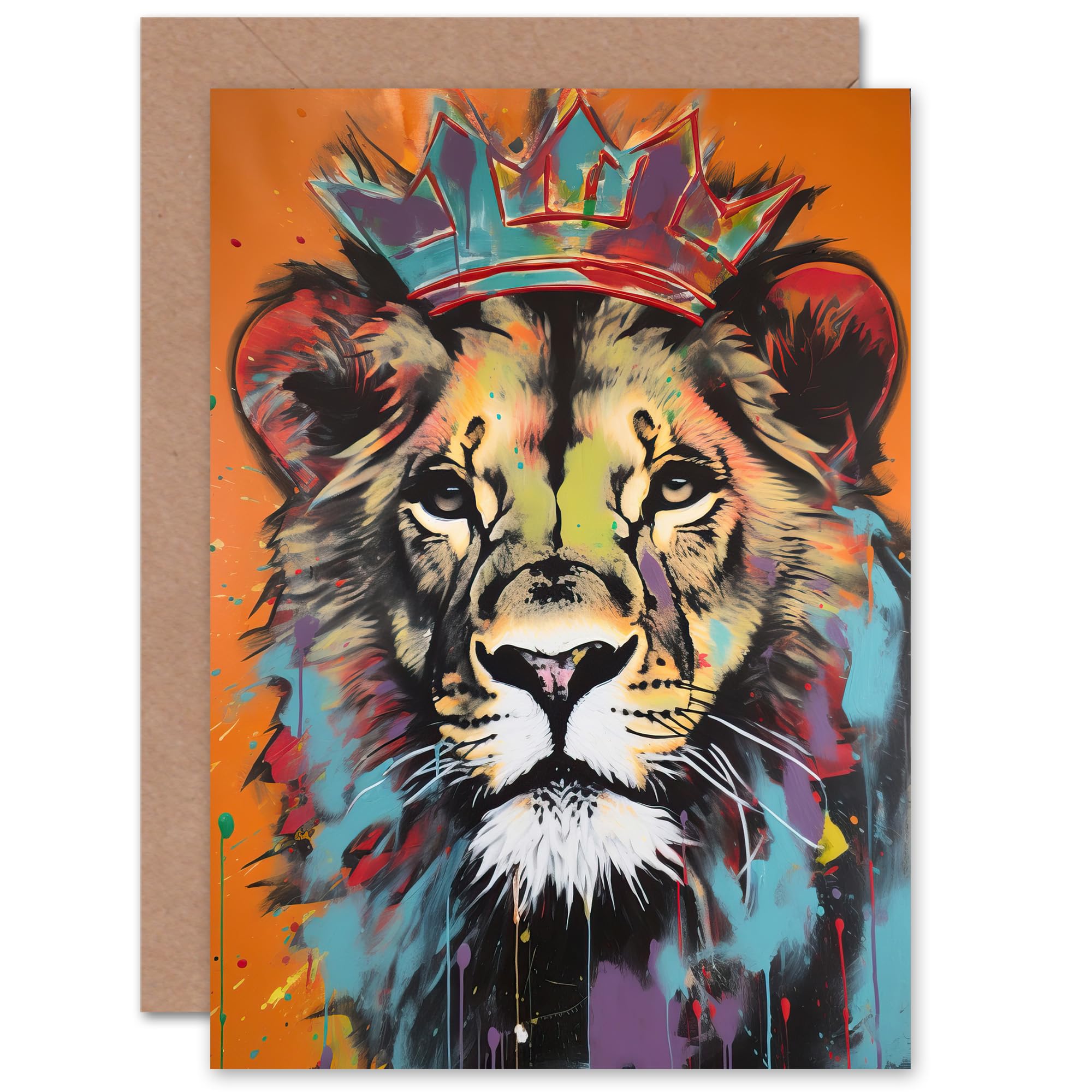 Artery8 Lion Wearing Crown Jungle King for Husband Him Dad Son Brother Birthday Thank You Congratulations Blank Art Greeting Card