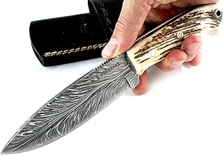 Handmade Damascus Bushcraft Knife with Leather Sheath Fixed Blade Hunting Knives for Men, Feather Pattern, Perfect for Survival, Camping, Hunting (Stag Feather) - Moorhaus