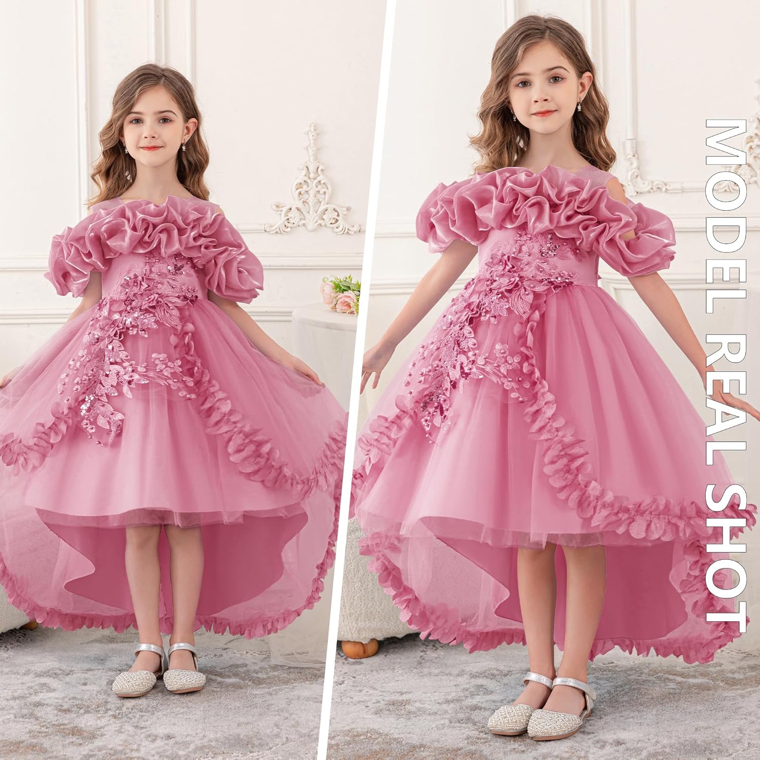 Girl's Princess Dress, Birthday Party, Pageant Gown - Ruffle Tulle Satin Princess Dresses with Kids Train - Image 5