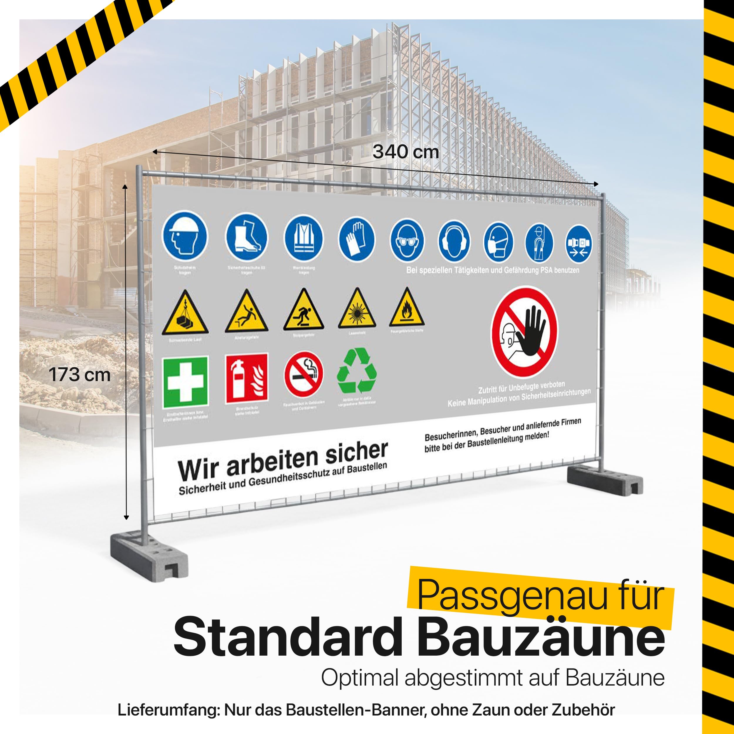 FBS Pancarta para obras de construcción, 340 x 173 cm, malla, pancarta de seguridad con respeto a la obra, apto para vallas de construcción