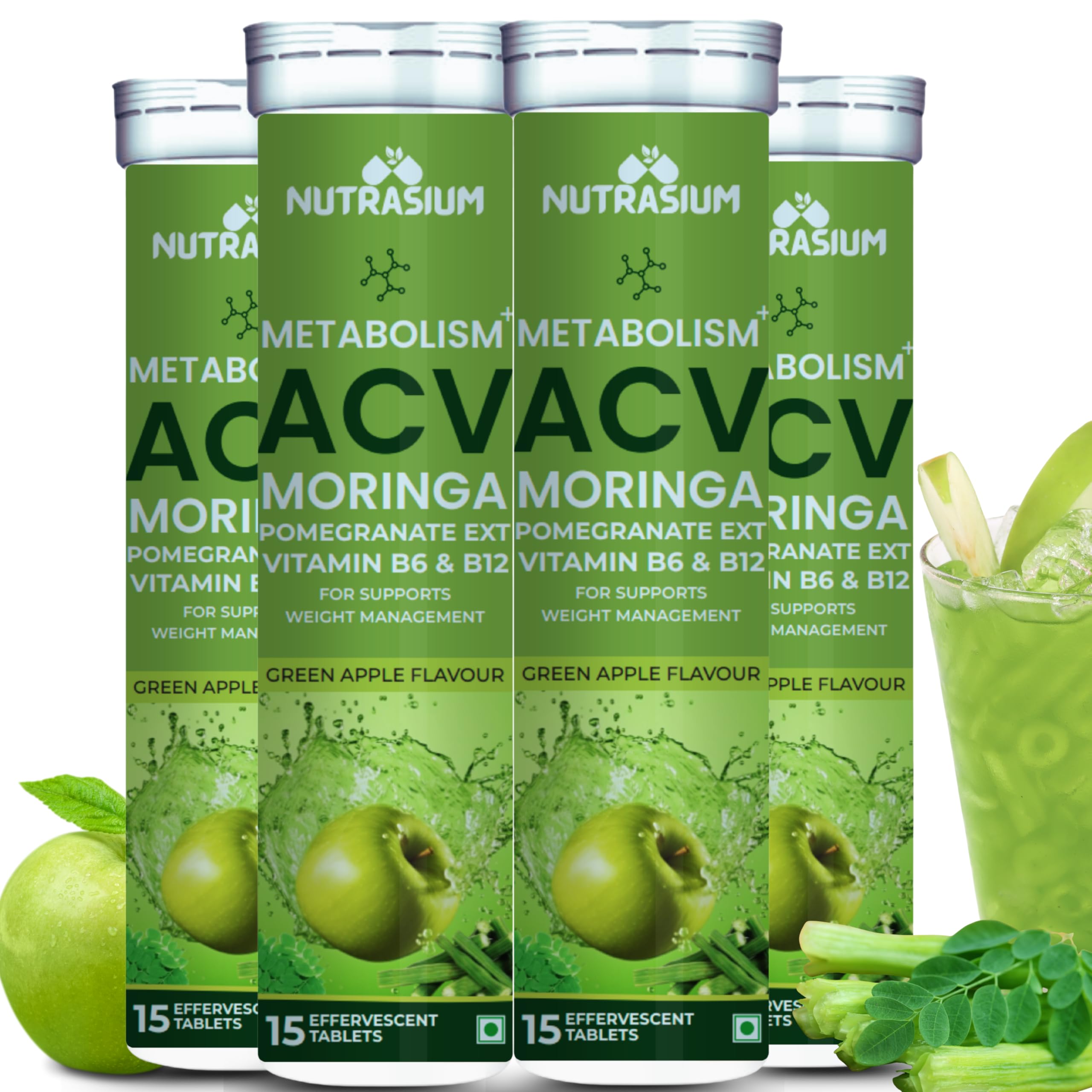 Nutrasium ACV Moringa Metabolism Plus | For Supports Weight Loss, Control Cravings, Convert Fat Into Energy, Boost Energy & Immunity 60 Tablets Pack Of 4 X 15