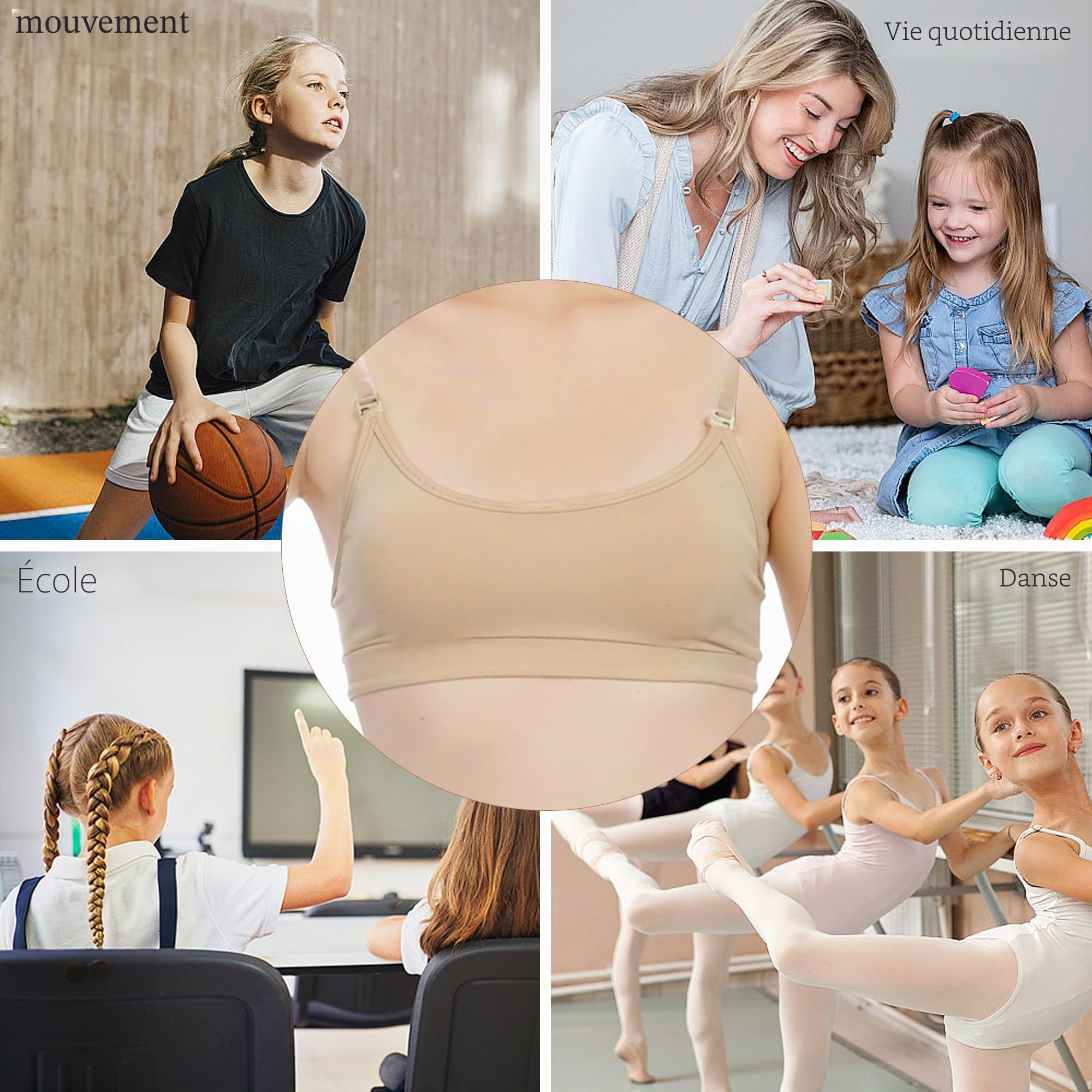 Soutien-gorge de danse à bretelles transparentes pour filles, non rembourré avec 2 paires de bretelles réglables, 1 paire de coussinets en silicone