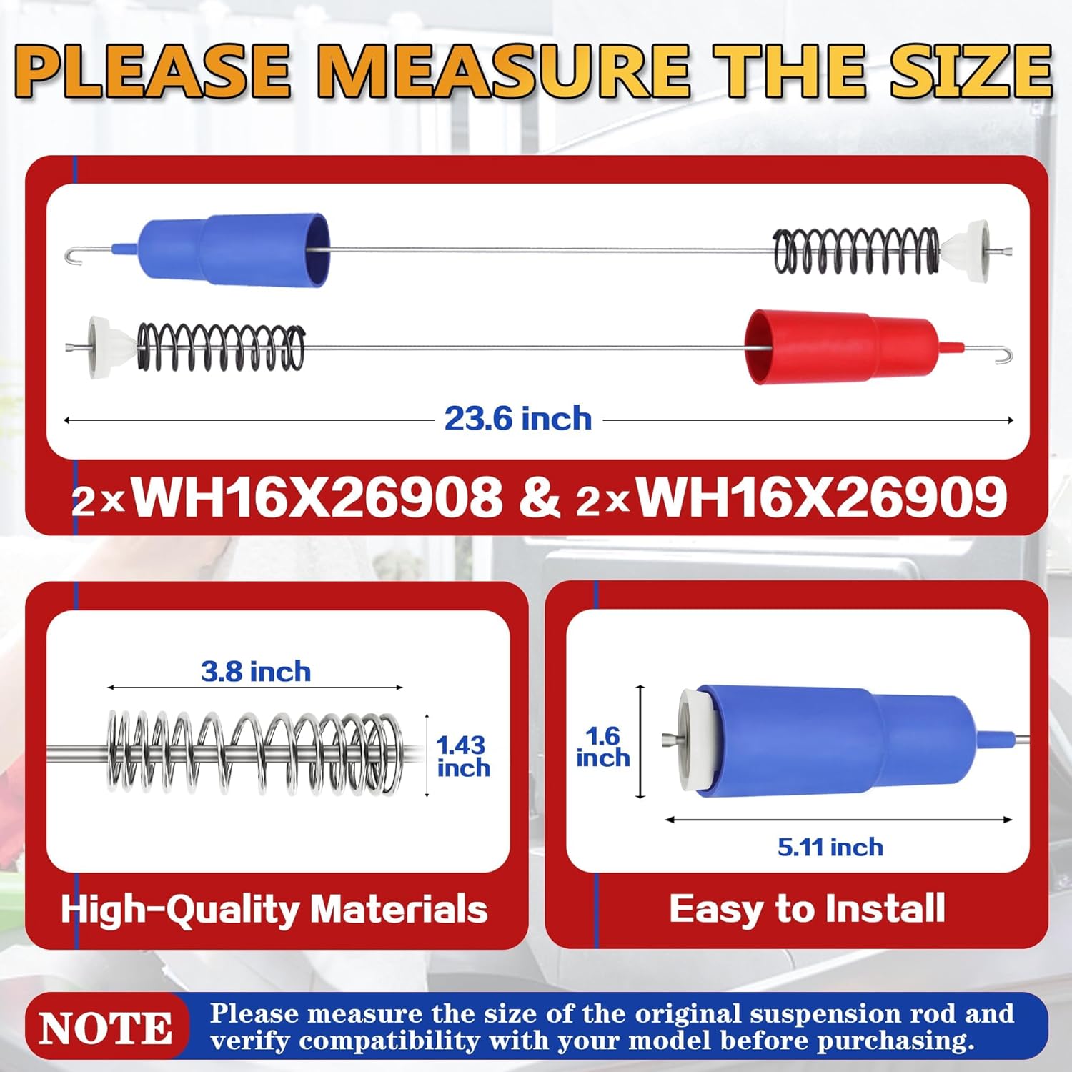 Washer Suspension Rod Kit WH16X26908 & WH16X26909 23.6 Inch Fit for GE Hot-point GTW330ASK4WW HTW200ASK0WW HTW200ASK1WW HTW200ASK2WW HTW200ASK3WW HTW200ASK4WW HTW240ASK0WS HTW240ASK1WS HTW240ASK2WS