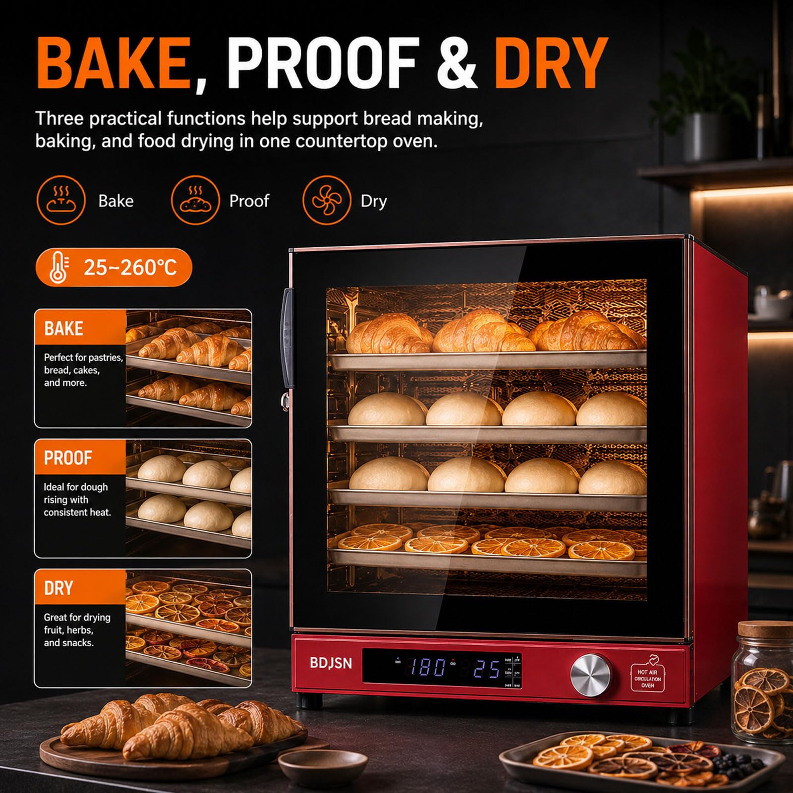 Four À Convection Professionnel 80 L, 10 Niveaux Pour Cuisson, Fermentation Et Séchage, Air Chaud À Double Ventilateur, 25–260 °c, Minuterie 999 Min, 2800 W, Pour Pain, Gâteaux, Pâtisseries