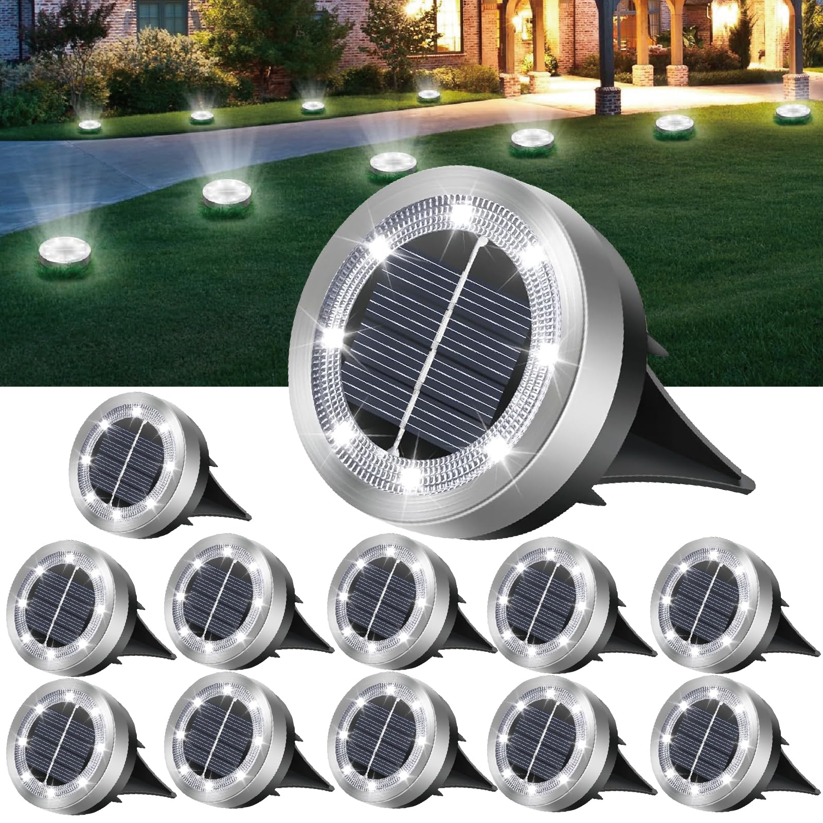 Seruno X Cool White Solar Lights Outdoor Garden – 12 Pack 8 Led Solar Ground Lights, Ip65 Waterproof, For Pathway, Lawn, Yard Decorative Lighting (Cool White)