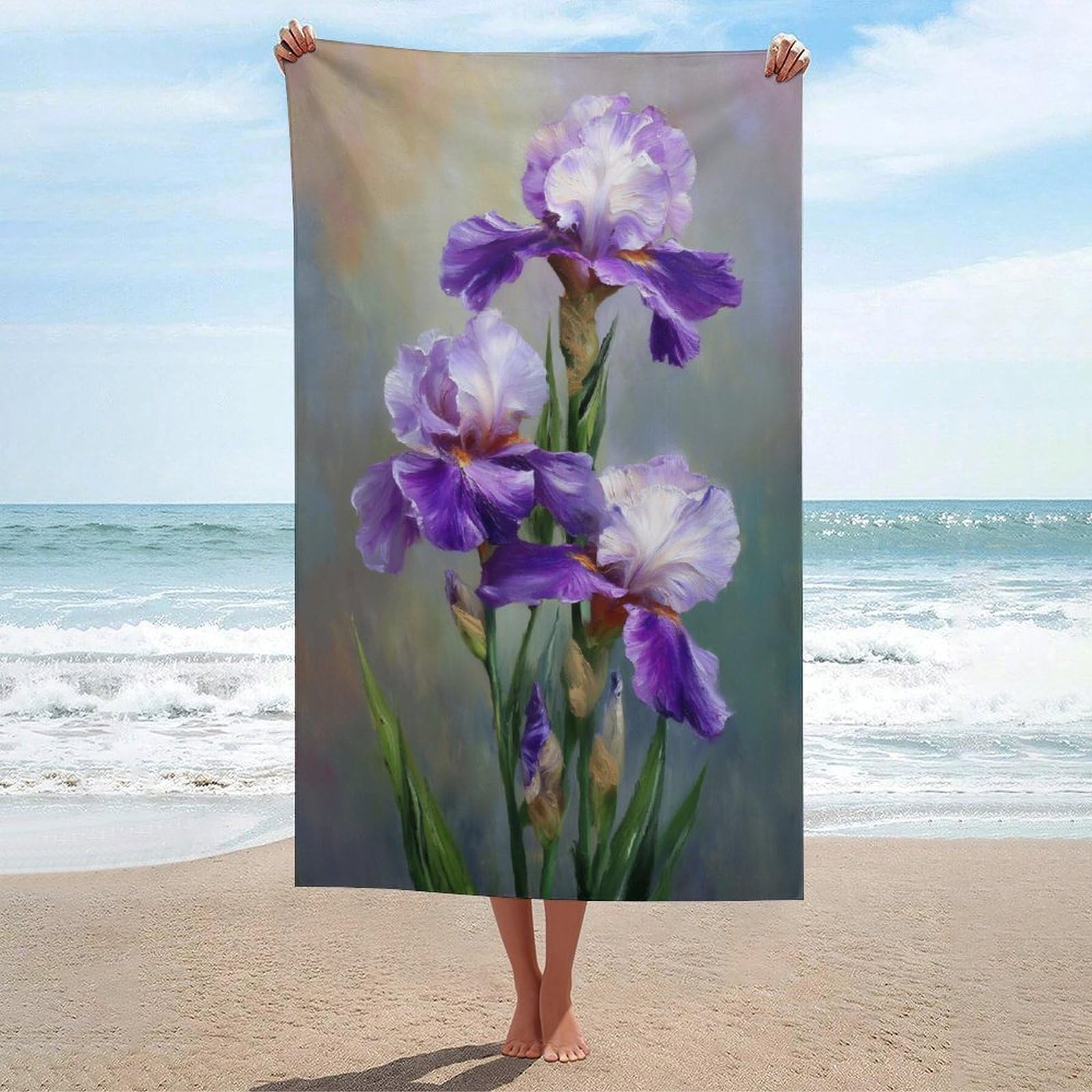asbwuo Purple and White Iris Flowers Watercolor Beach Towel