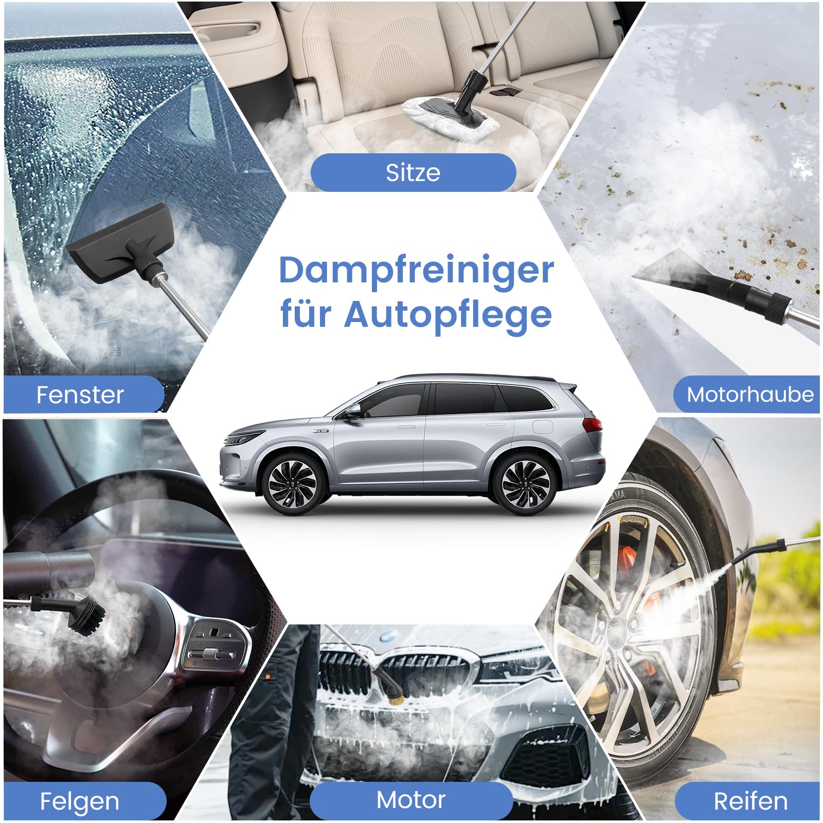 Granarbol Fettlösend Handgerät Dampfreiniger für Alles,1400ml/4Bar/105℃ Steam Cleaner,15s Schnellheizung Handdampfreiniger mit 8PCS Ersatzbürste für Boden,Auto,Polstermöbel,Fliesen,Teppich,Badezimmer