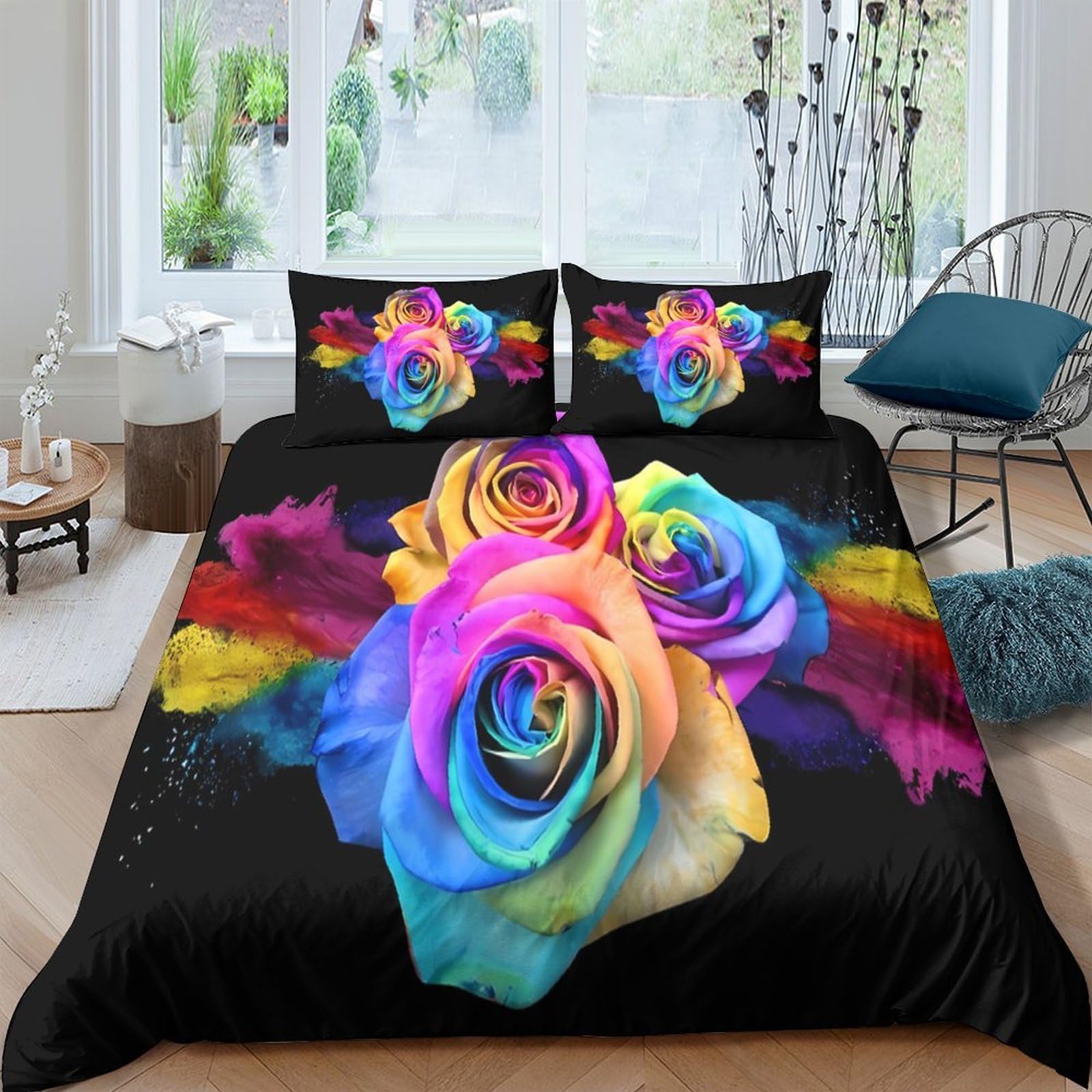 Ctjqhvkz Style-10 3D Printed Rainbow Rose Fitted Sheet Microfiber Soft Anti-Slip Floral Bed Cover For Bedroom Guest Room Machine Washable Single（135X200cm）