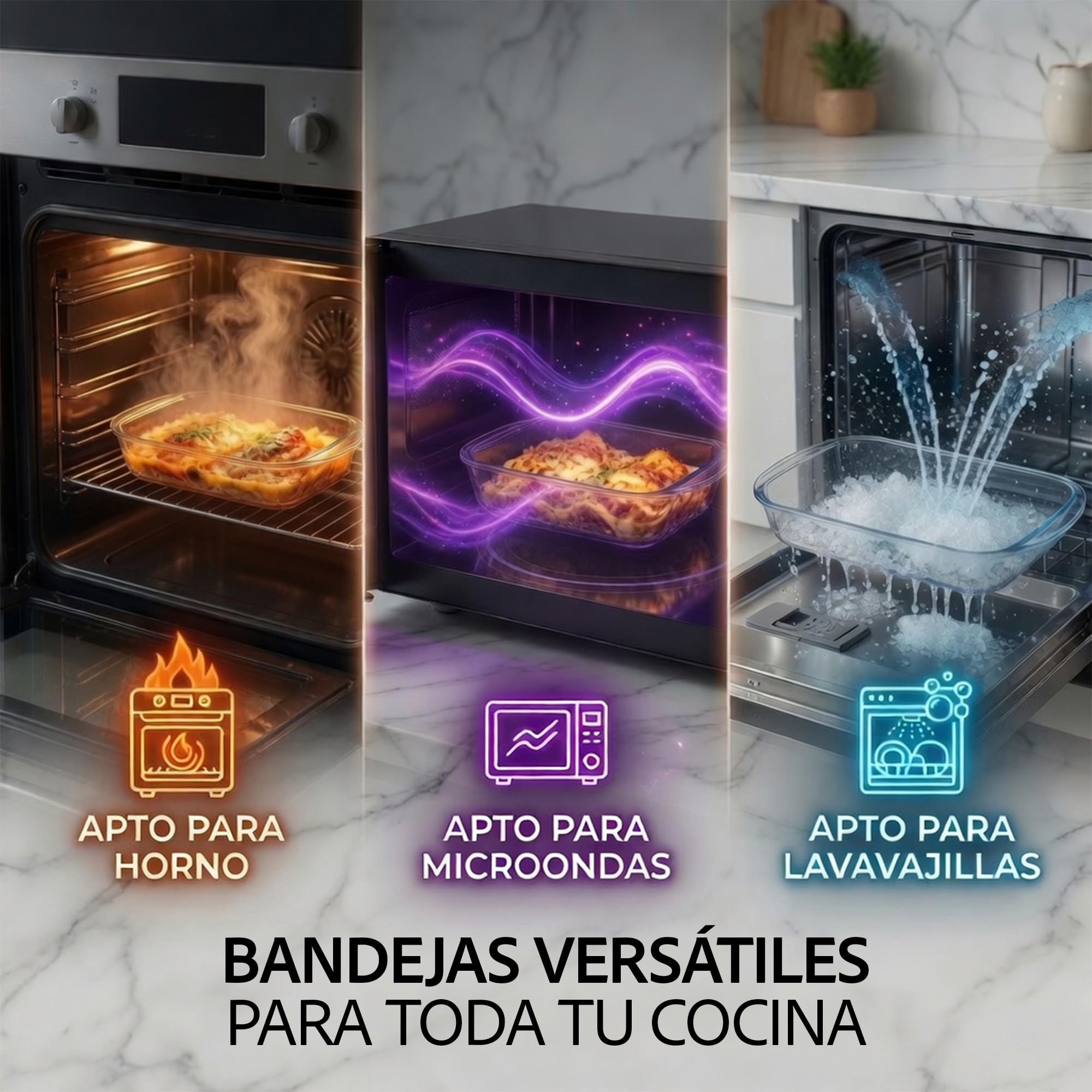 Bandejas de Horno Cristal, Set 3 Fuentes 1L, 1,6L y 2,2L | Aptas para horno, microondas y lavavajillas, cristal resistente al calor, hornear, asar y gratinar, de horno a mesa