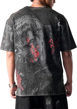 Unisex Anime Oversized Stone Washed T Shirt for Men and Women, Eclipse Printed Charcoal Finished Anime Tshirt