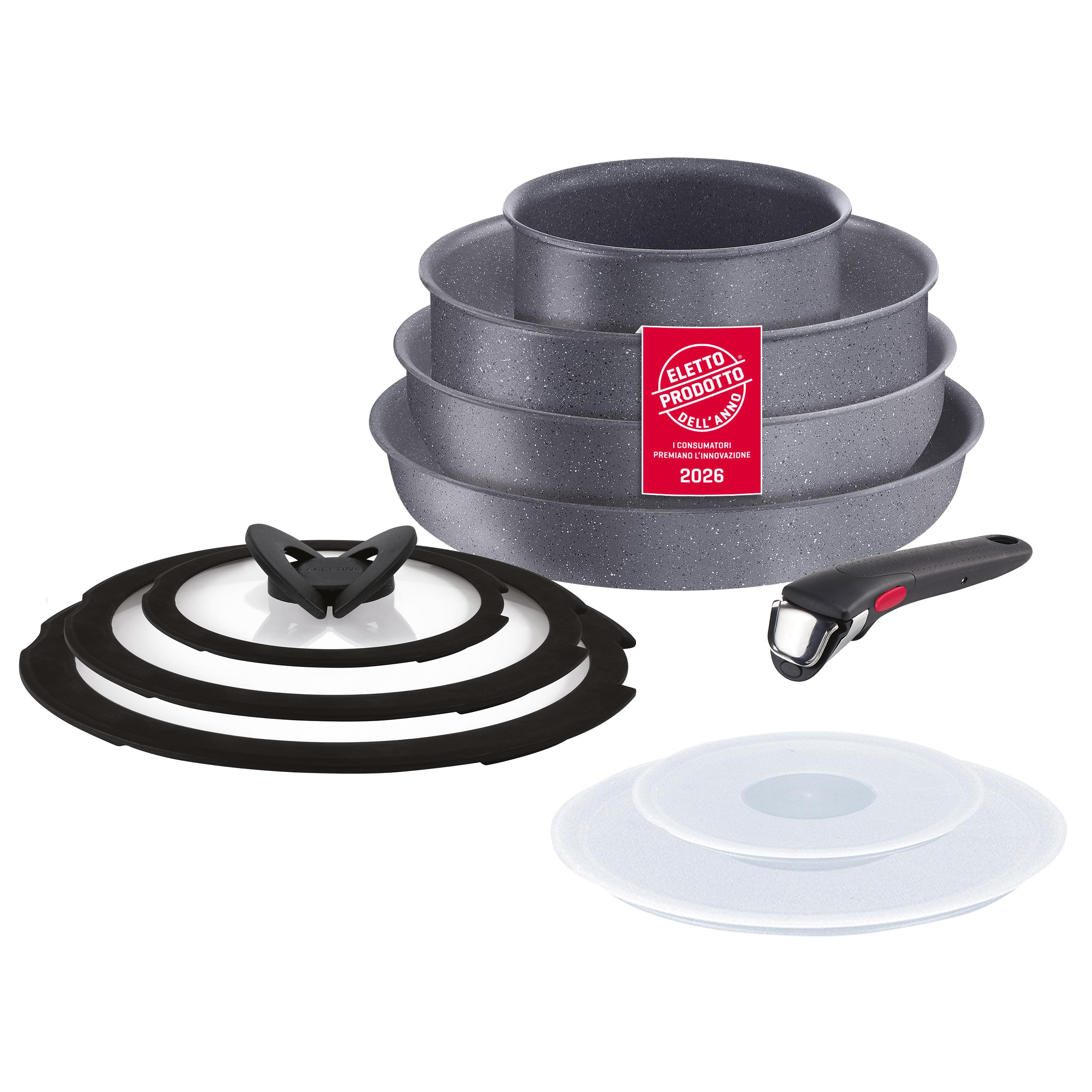 Lagostina Ingenio Mineralis Set Padelle Antiaderenti con Corpo in Alluminio 100% Riciclato, Adatto all’Induzione, 10 Pezzi, Casseruola 16cm, Padella 28cm, Tegame 24cm, Wok 26cm, 5 Coperchi e Manico