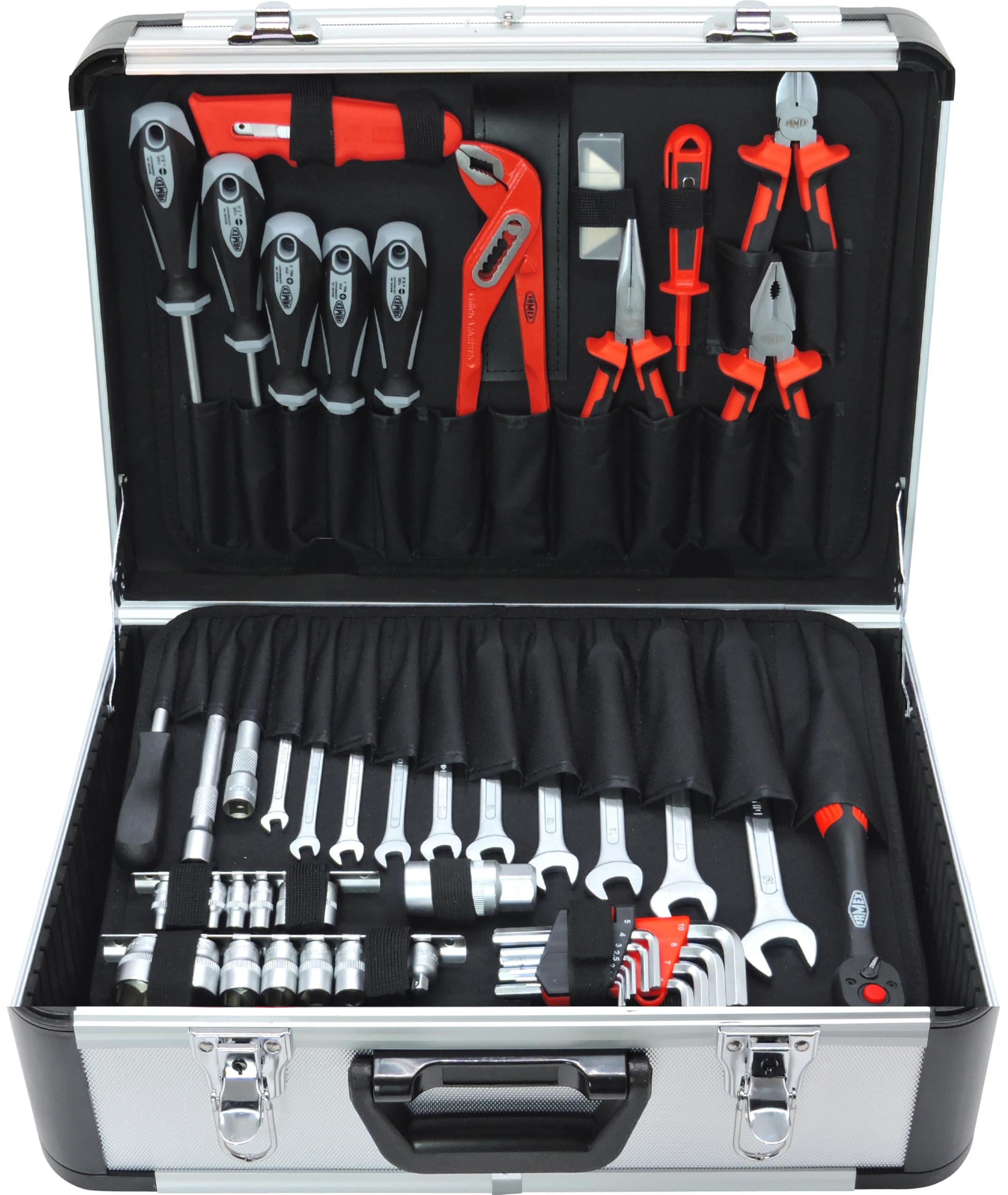 FAMEX 702-L Valigetta degli attrezzi in alluminio senza utensili con 26 tasche a incastro, capacità massima 30 kg - 460 x 355 x 180 mm - Robusta valigetta in alluminio - Cassetta degli attrezzi vuota