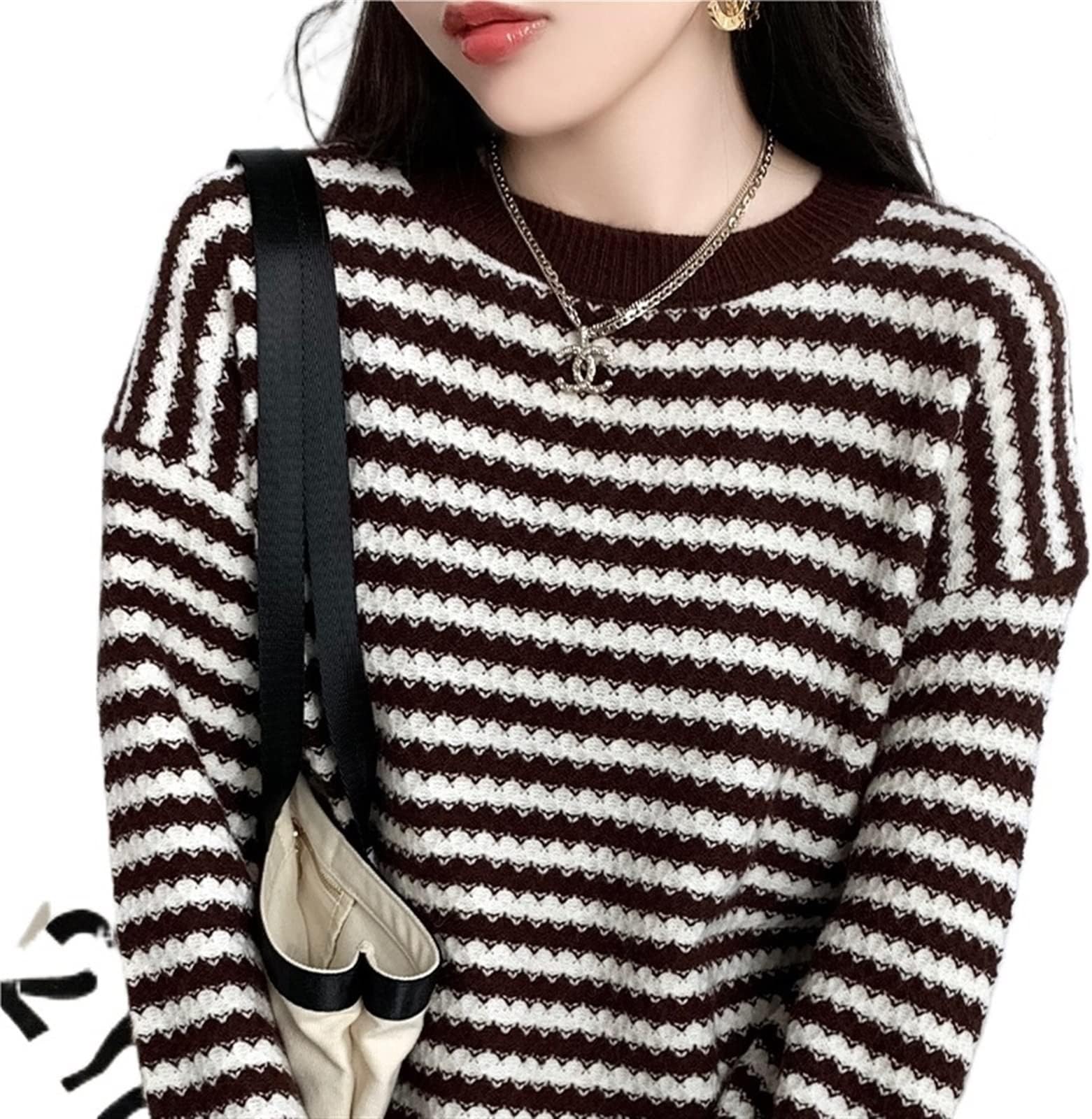 IONIKKWomens Sweaters Women Autumn Winter Striped Cashmere Sweater O-Neck Pullover Tops Long Sleeve Casual Cashmere Sweater Women (Color : Coffee, Size : XL)