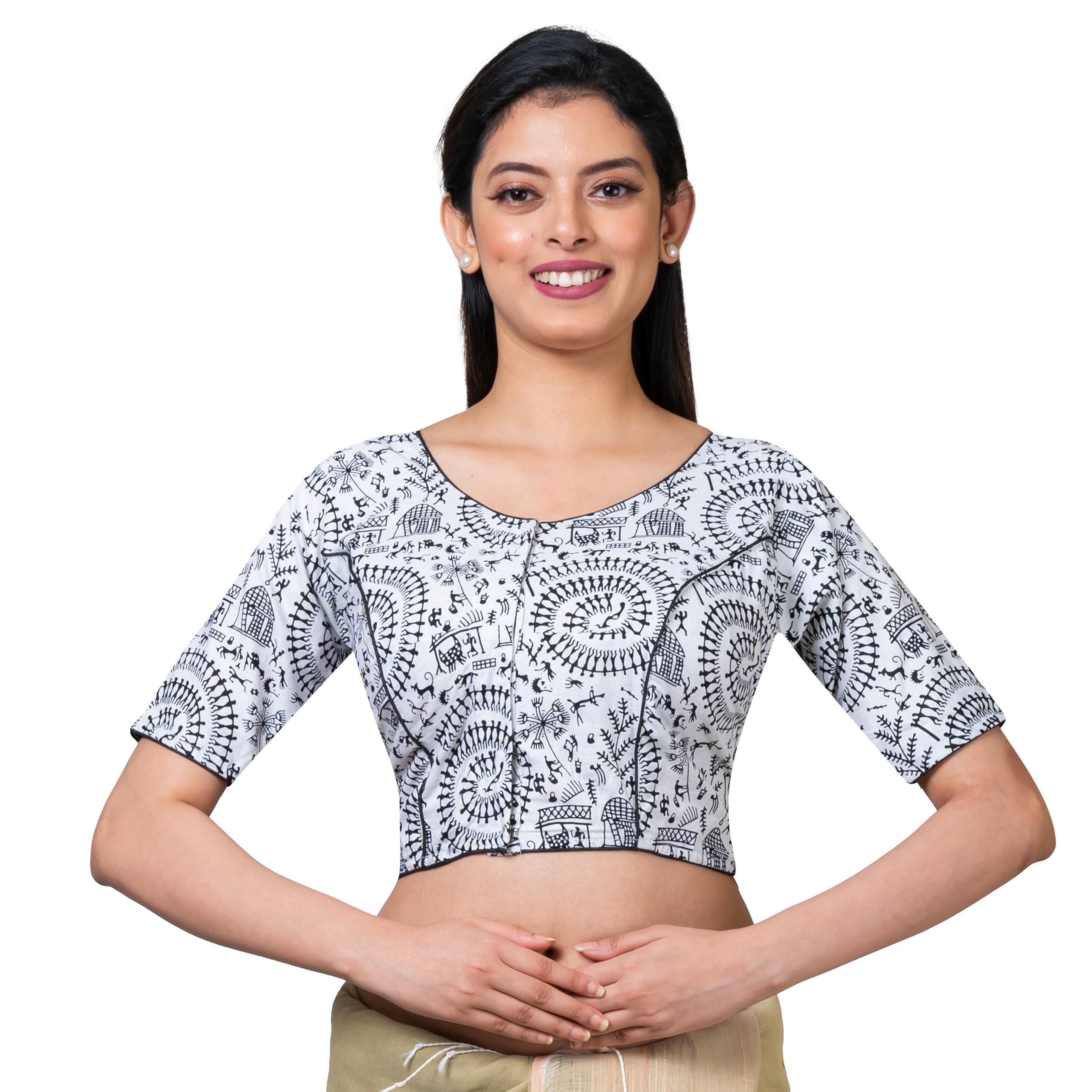 Women Pure Cotton Blouse,Round Neck, Short Sleeves,100% Cotton,Women's Printed Pure Cotton Readymade Saree Blouse-image-40