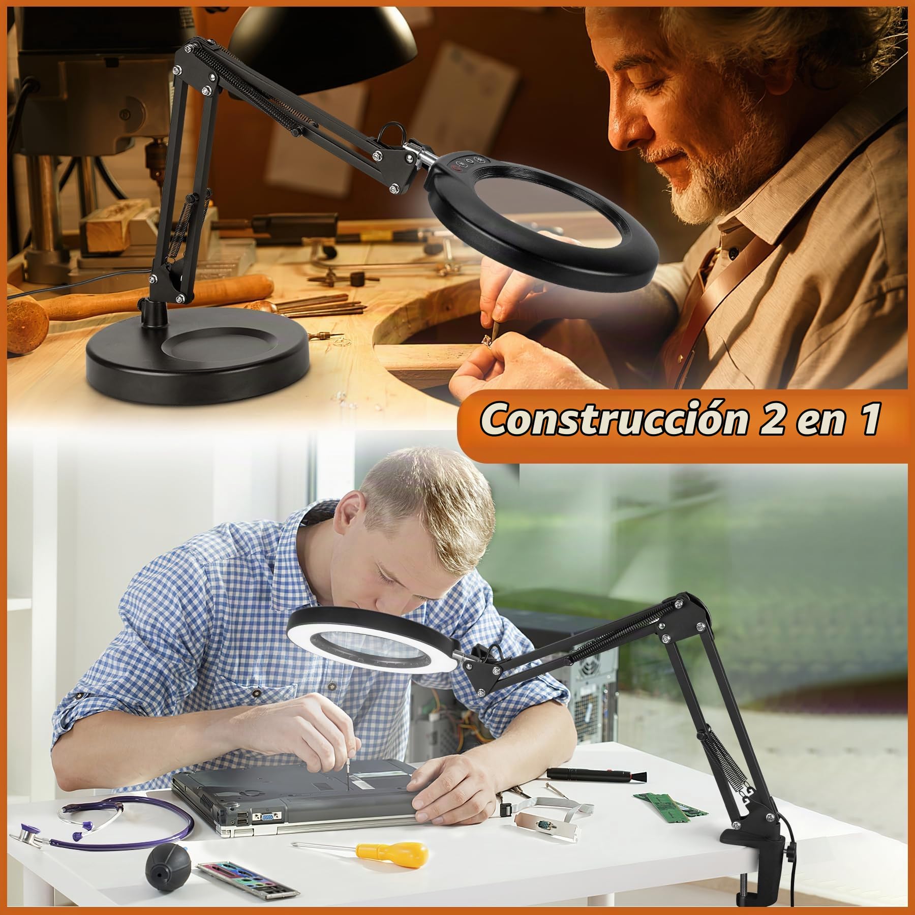 Veemagni 12X Lupa con Luz, 5 Modos de Color Regulable sin Escalonamientos, 2 en 1 Lámpara de Aumento y Pinza, Lupa con Luz LED y Soporte, Lámpara de Escritorio para Lectura Reparación Trabajo Manual