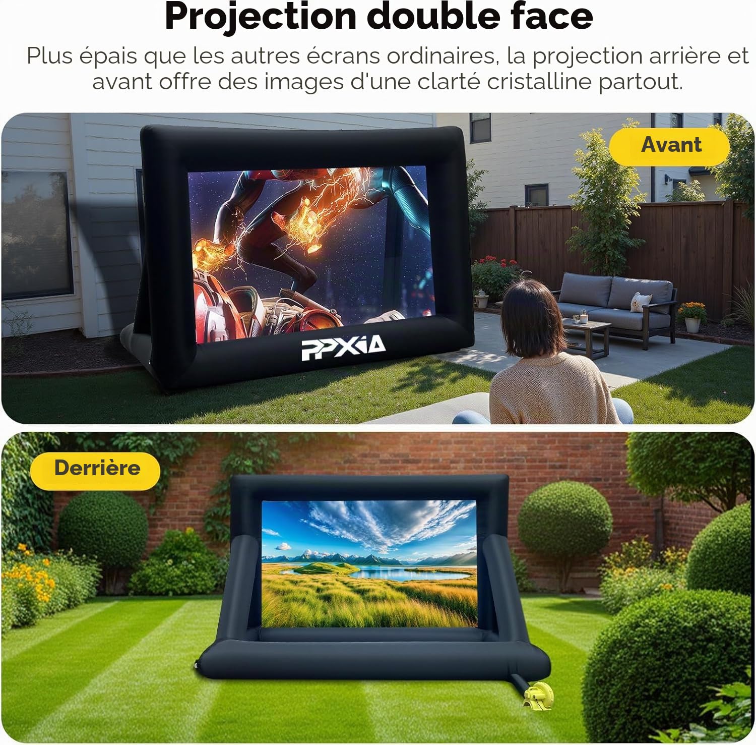 Écran de projection gonflable 24 FT avec support et ventilateur, projection avant et arrière, intérieur/extérieur, écran portable 16:9