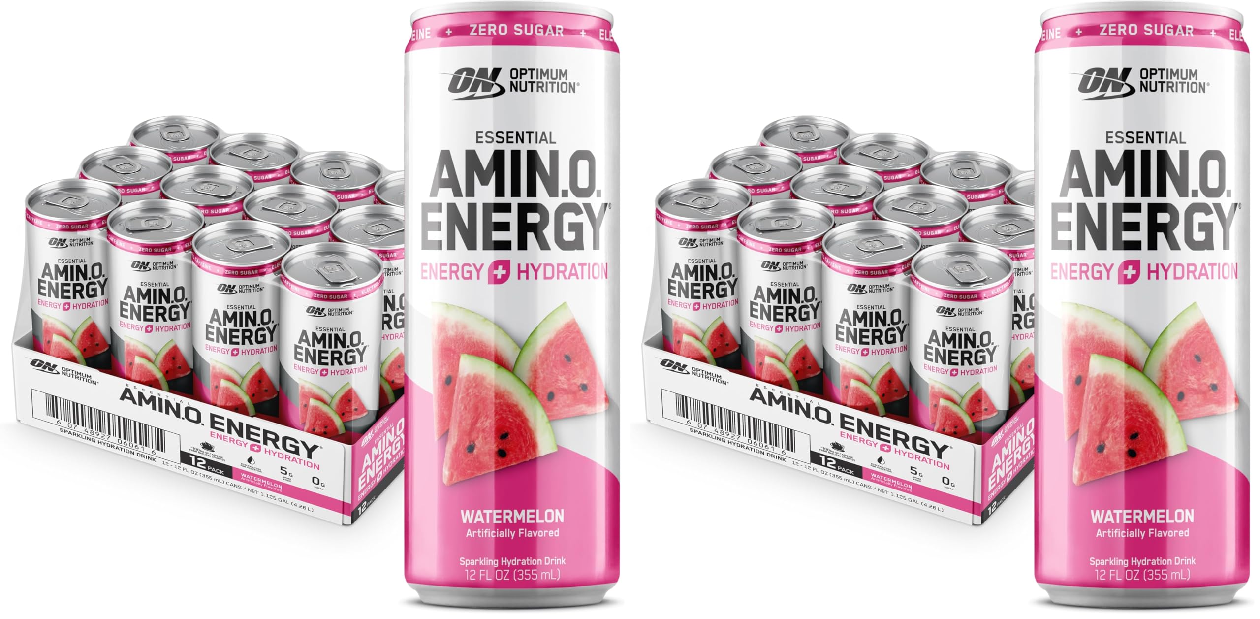 Optimum Nutrition Amino Energy Sparkling Hydration Drink, Electrolytes, Caffeine, Amino Acids, BCAAs, Sugar Free, Watermelon, 12 Fl Oz, (Packaging May Vary),12 Count (Pack of 2) Amino Energy Sparkling Watermelon 12 Count (Pack of 2)