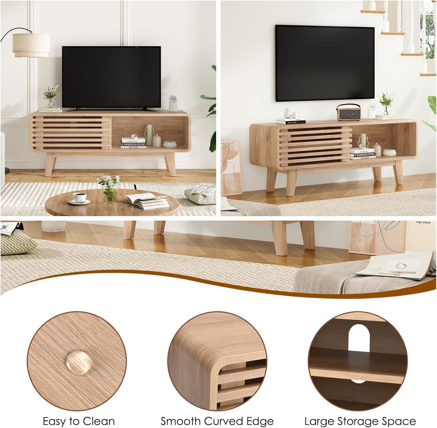 FONTOI TV Stand features: easy to clean, smooth curved edge, large storage space