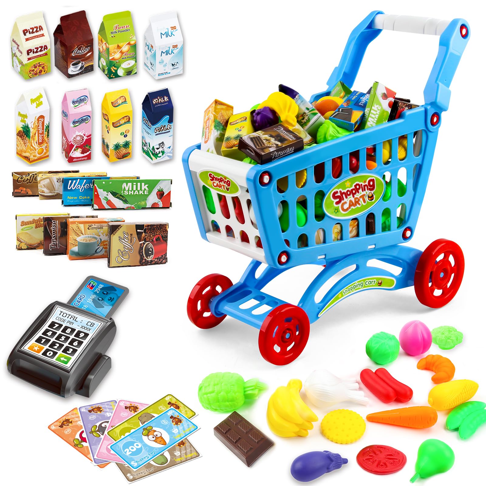 deAO Kids Shopping Cart Trolley Toys, 65 PCS Supermarket Playset Cart with Food Fruit Vegetables, POS Machine and Shopping Cards, Pretend Shop Role Play Educational Toys for Boys and Girls (Blue)