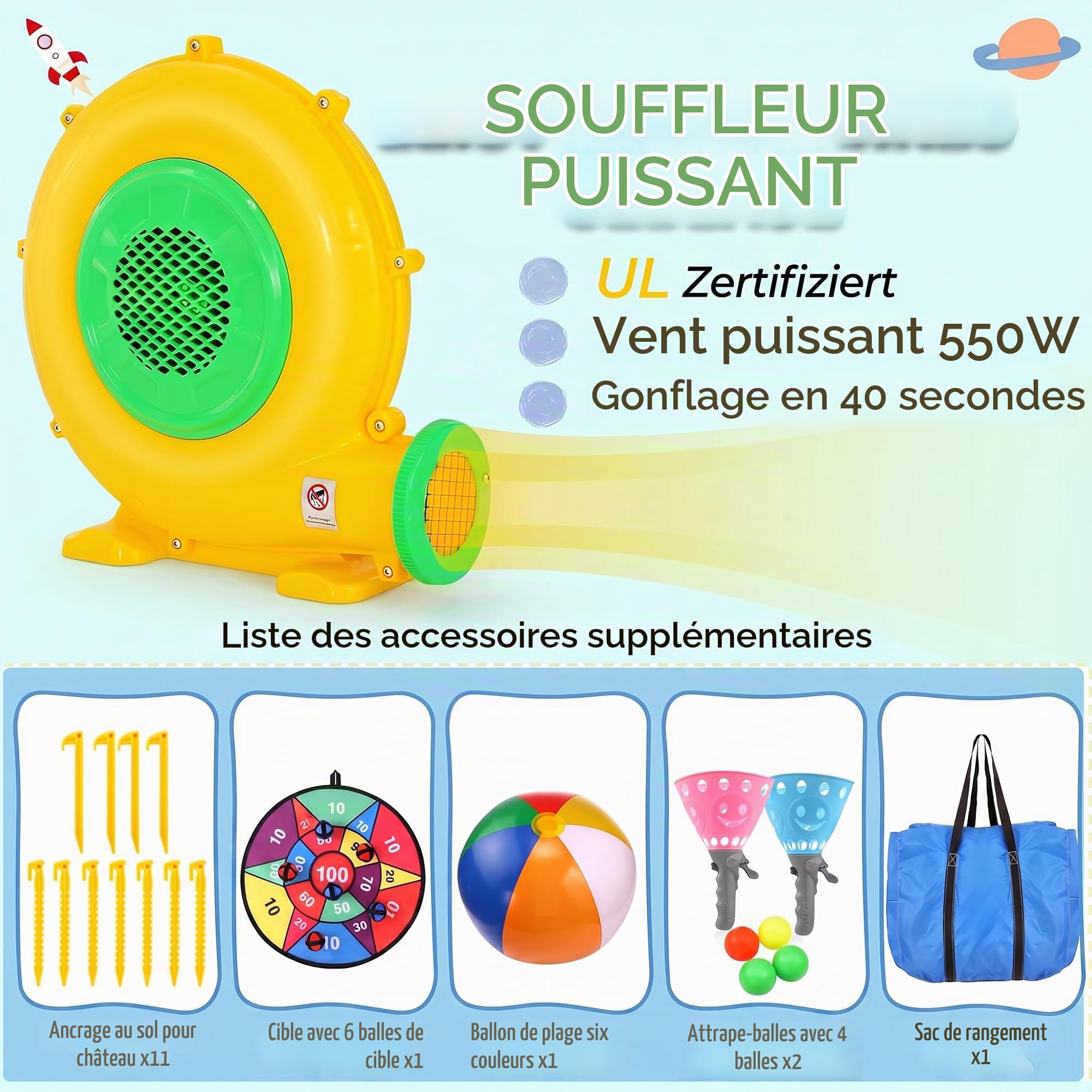 Château Gonflable pour Enfants de 8 à 12 Ans, 4,1 x 4,1 m, pour l'intérieur et l'extérieur, avec Ventilateur, château Gonflable Spatial pour Les fêtes et Le Jardin