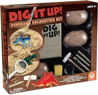 MindWare Dig It Up! Dinosaur Excavation Kit â€“ Discovery Gift kit for Kids â€“ Learn About Dinosaurs! â€“ 3 Large Dino Digs with Explorer Vest, 5 Realistic Tools, Clean-up mat & Educational Fun-fact Cards