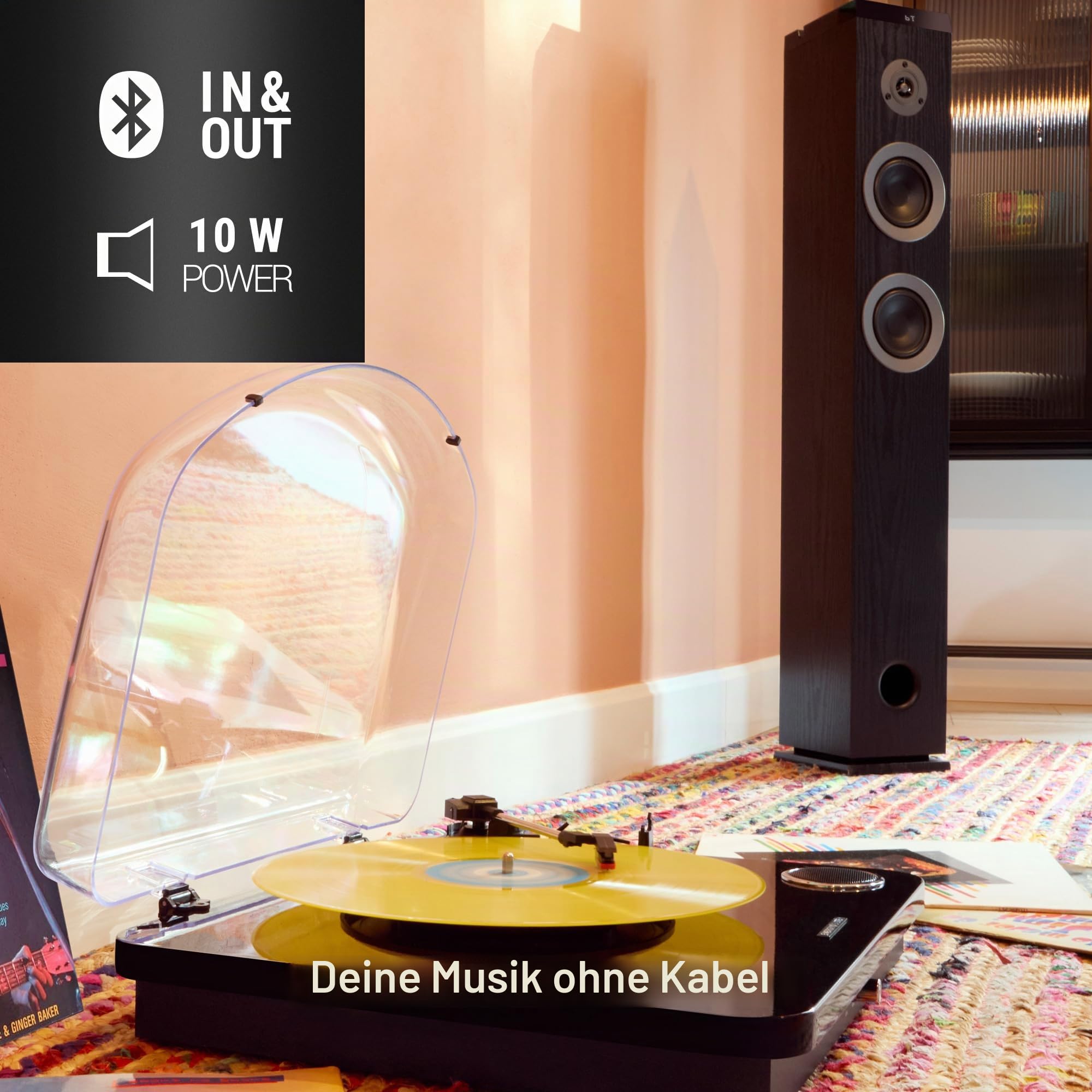Energy Sistem Blackspin Bluetooth Plattenspieler mit Lautsprechern 10W Vinyl Turntable 33 45 78 RPM Riemenantrieb USB Aufnahme RCA Bluetooth In Out Auto Stop für Zuhause schwarz