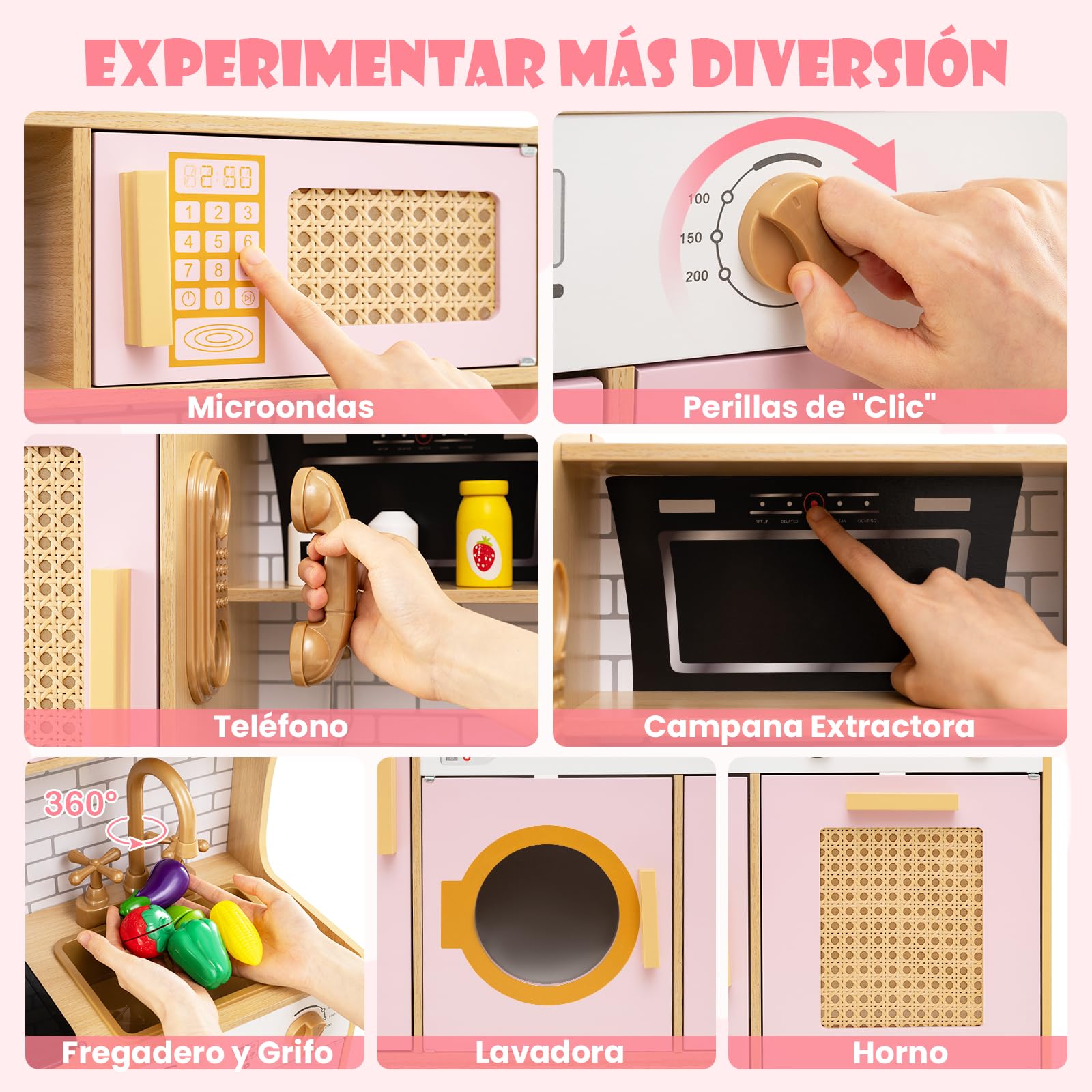 RELAX4LIFE Cocina De Juguete De Madera Con Luces Y Sonidos – Incluye Estufa, Cafetera, Microondas Y 5 Utensilios, Regalo Educativo Para Niños De 3 Años En Adelante (Rosa)