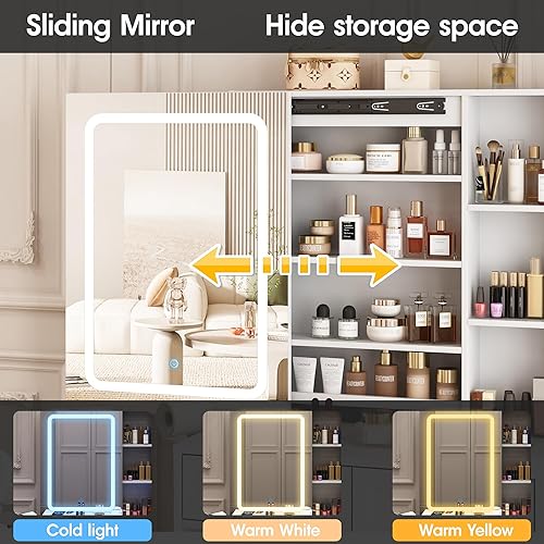 Miniatura 6 de Escritorio de tocador de maquillaje con espejo deslizante iluminado LED, mesa de tocador con armario de joyería y 4 cajones, estación de carga y