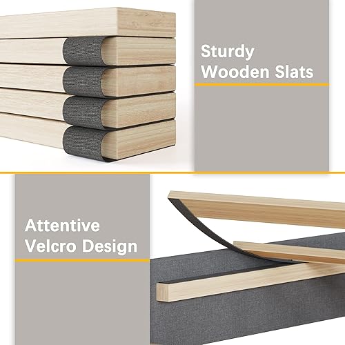 Miniatura 5 de Base de cama tamaño matrimonial tapizada con cabecero ajustable de tela de lino, cabecera capitonada de tela de lino, soporte de listones de madera,