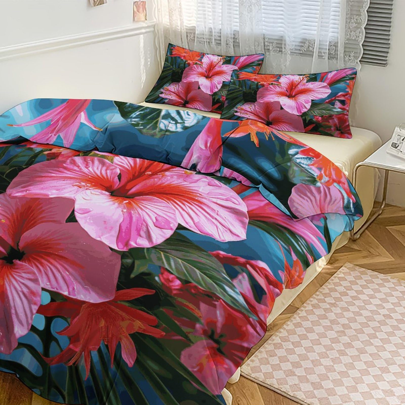 Parure de lit maison et hôtel au motif fleurs roses pour ambiance bucolique