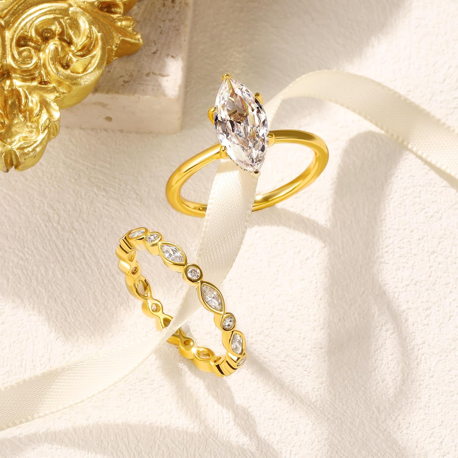 MDFUN 18K Gold Plated Two-in-One Heart/Round/Horse-eye Cubic Zirconia Engagement Promise Rings Eternity Wedding Band for Women - Image 3