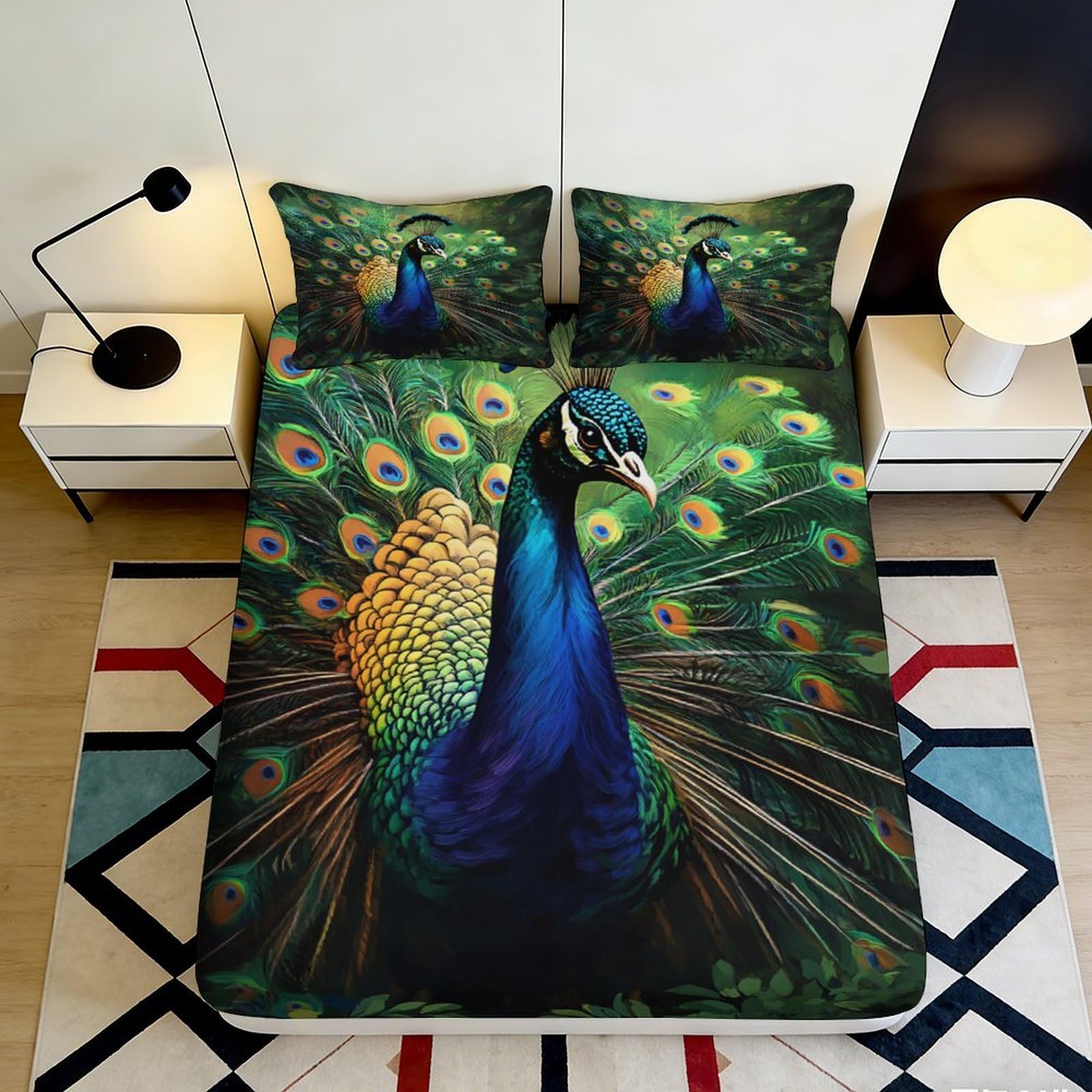 3D Printed Peacock Feather Fitted Sheet Microfiber Soft Mattress Cover for Bedroom Guest Room Decor Blue Green 180x200x25cm