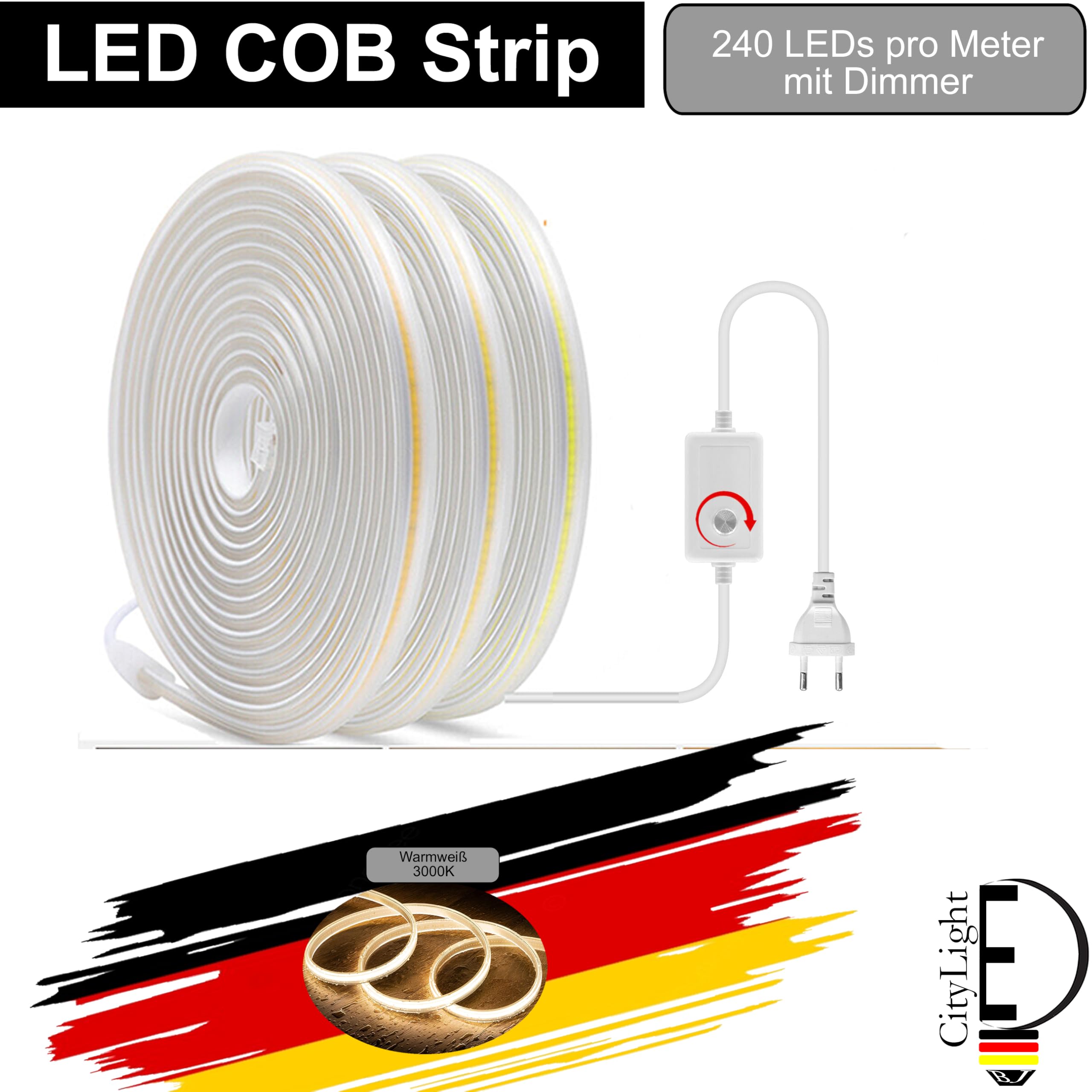 LED COB Strip Streifen (Teilmöglichkeit aller 10 cm) + IP20 Netzkabel mit Eurostecker. (10 Meter, Warmweiß, 240LEDs/M, mit Dimmer)