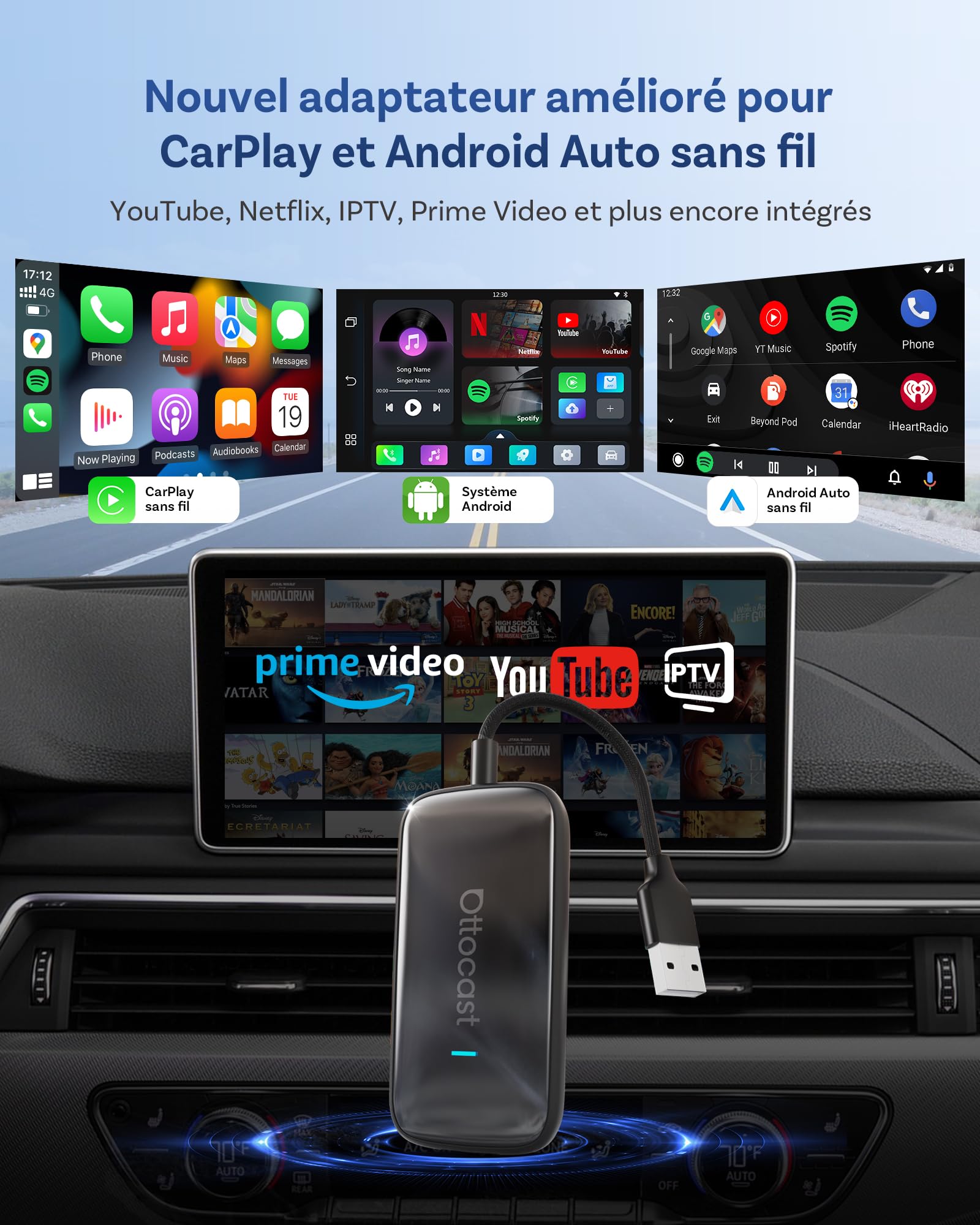 OTTOCAST Play2Video Ultra, Adaptateur CarPlay sans Fil & Android Auto Adaptateur CarPlay AI Box avec Netflix Youtube WiFi 6 5G Bluetooth 5.4 Adaptateur pour la Plupart des Voitures 2016+