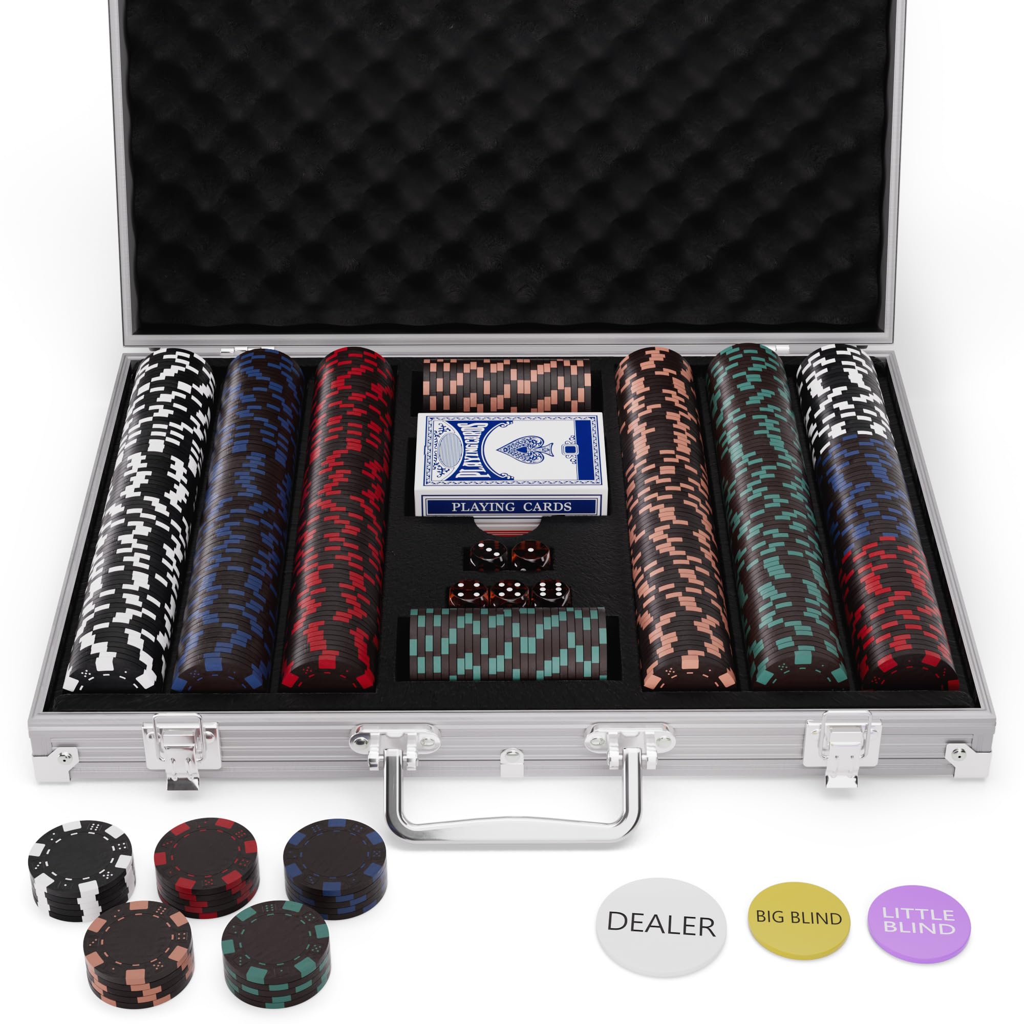 Juego de 500 fichas de póquer para Texas Holdem, Blackjack, torneos con funda de aluminio, 2 barajas de cartas, distribuidor, ciega pequeña, botones ciegos grandes y 5 dados, 11.5 gramos