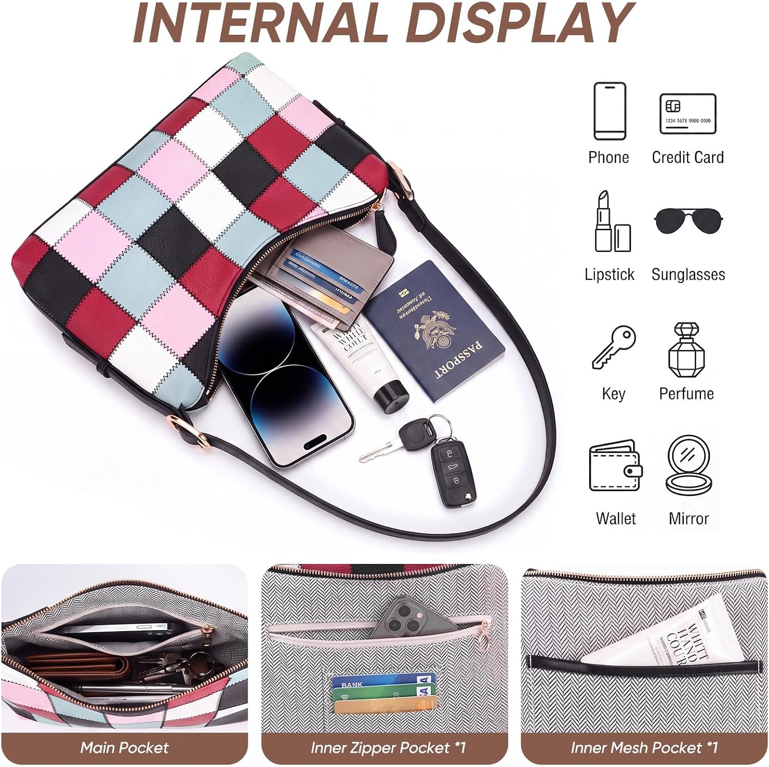 Checkered Shoulder Bag for Women Cute Vegan Leather Hobo Cherry Purse