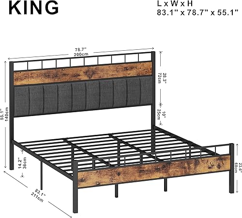 Miniatura 2 de LIKIMIO Base de cama tamaño King con cabecera de 55 pulgadas de alto, cama de plataforma tapizada, no necesita somier, marrón vintage