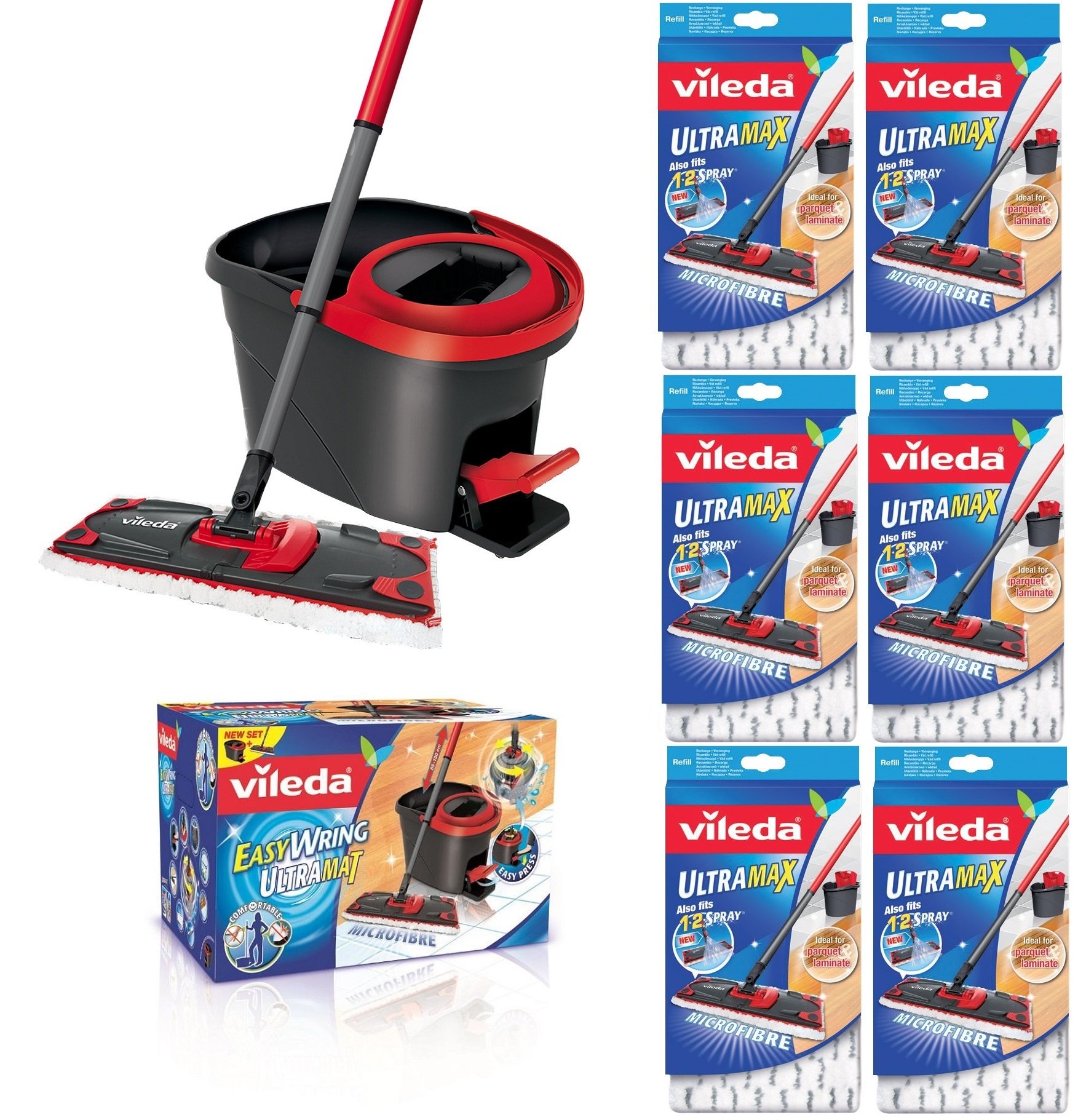 VILEDA EasyWring ULTRAMAT Komplettset Bodenwischer und Eimer mit Powerschleuder PLUS SECHS ERSATZBEZÜGE ULTRAMAX
